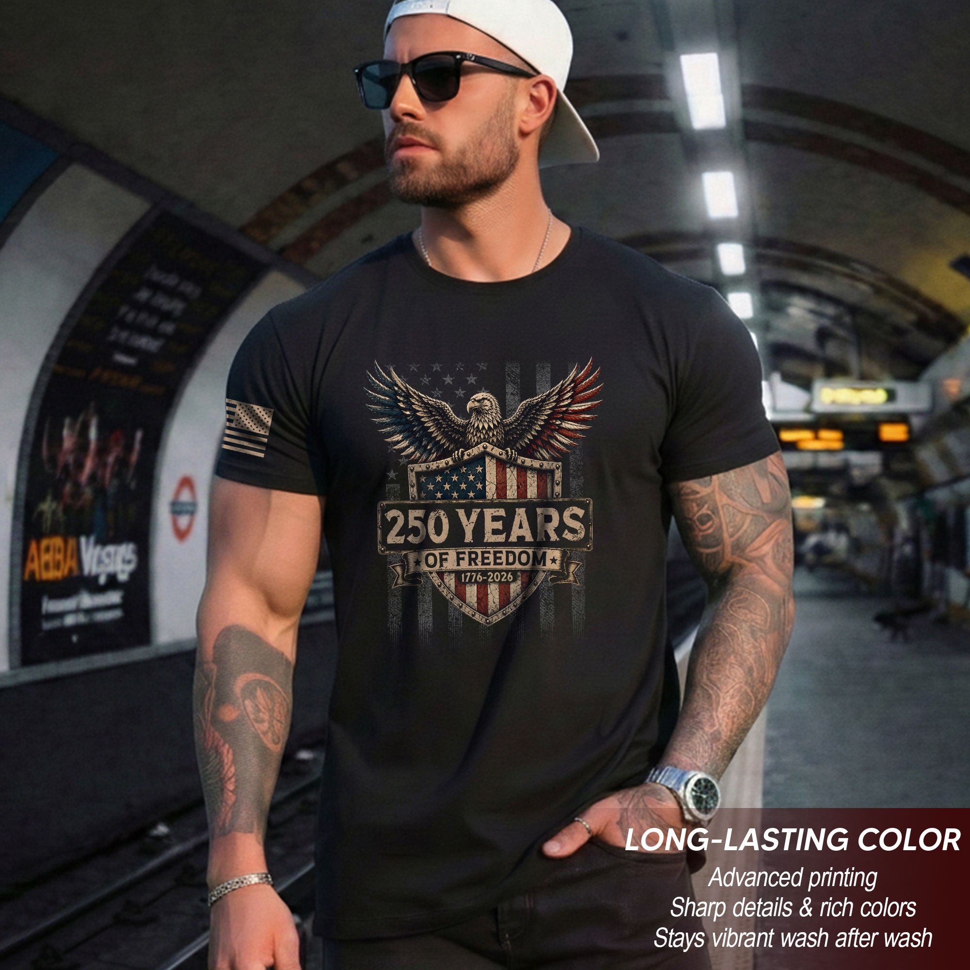 250 Years Of Freedom Graphic Tee - Patriotic Eagle Shield Vintage Style Cotton Shirt