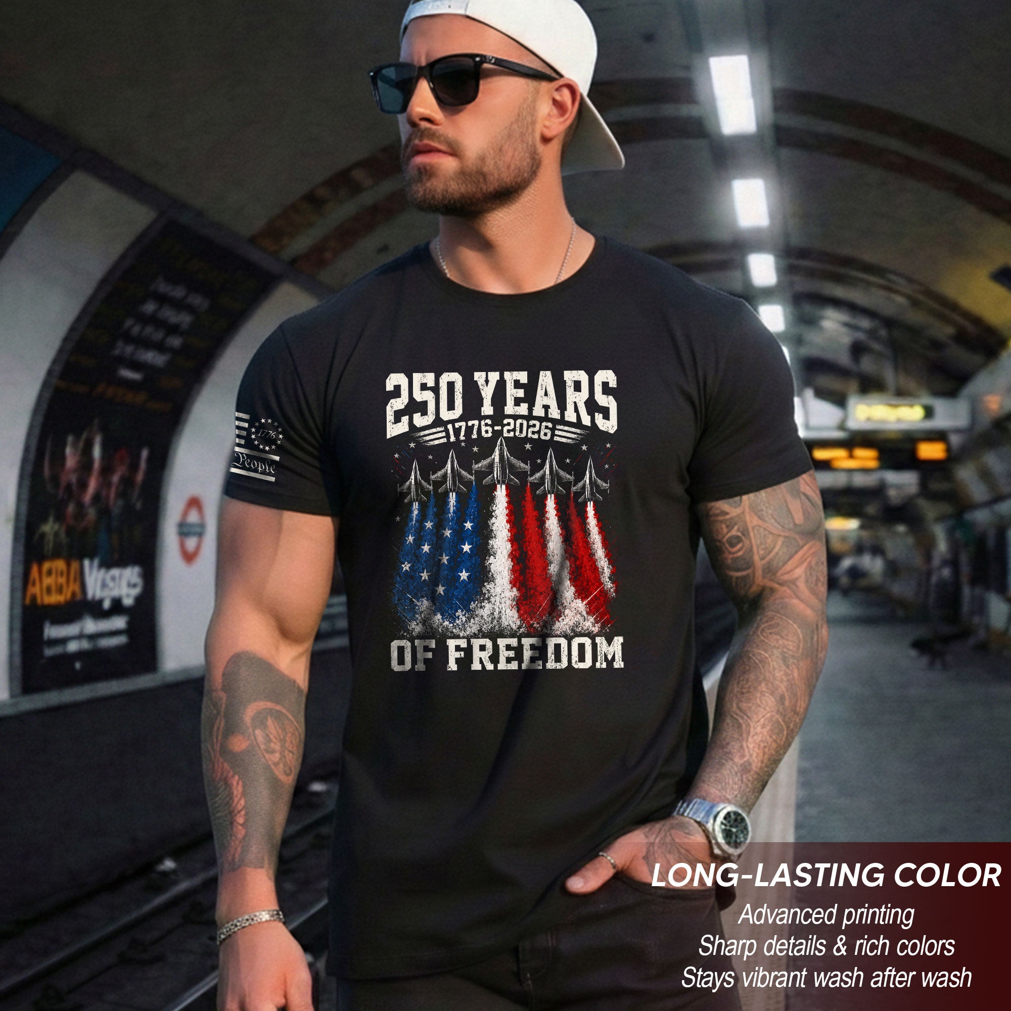 Commemorative 250 Years Freedom Tee - Vintage Fighter Jet Patriotic Cotton Shirt