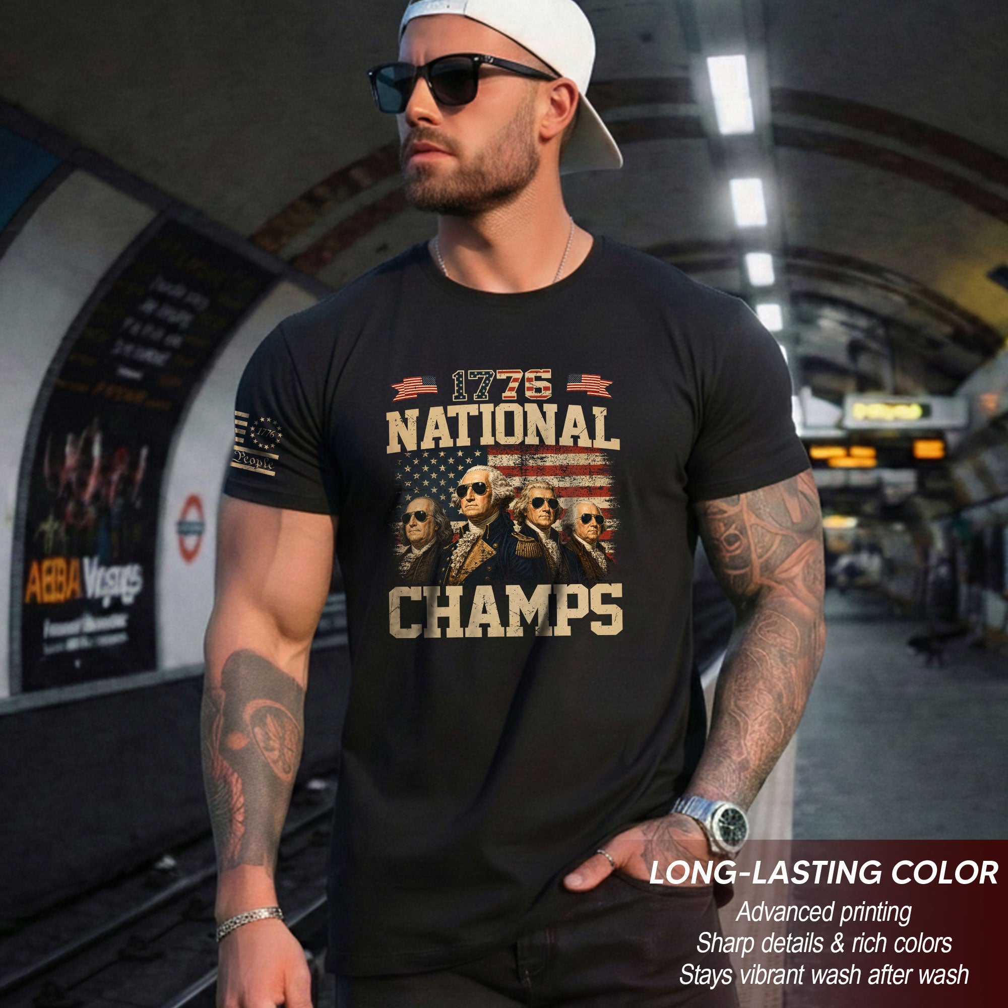 1776 National Champs Graphic T-Shirt Patriotic Founding Fathers Vintage Style Casual Tee