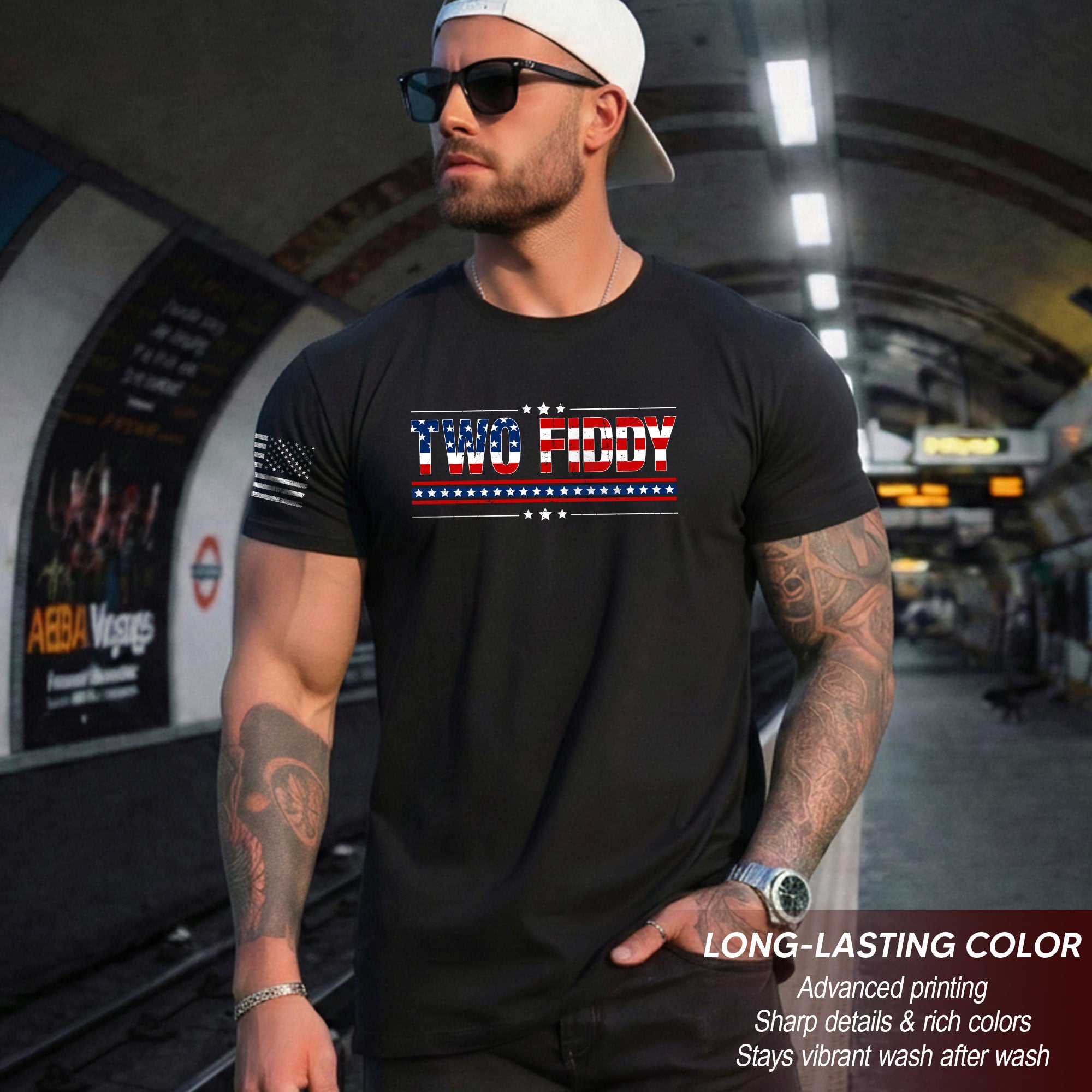 Two Fiddy Graphic T-Shirt Patriotic American Flag Design Casual Tee for Men and Women