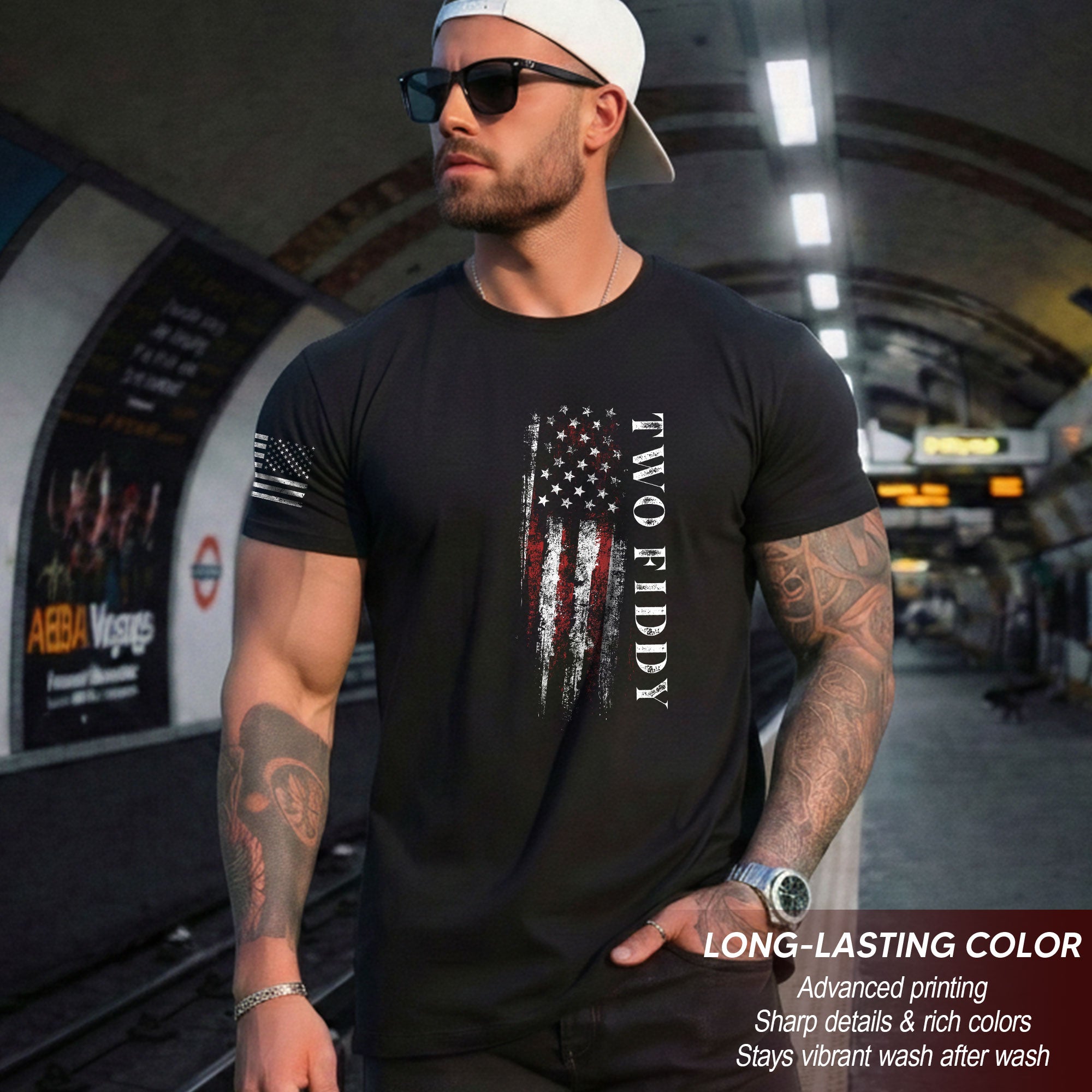 Two Fiddy Patriotic T-Shirt Distressed Vertical Flag Graphic Casual Apparel for Everyone
