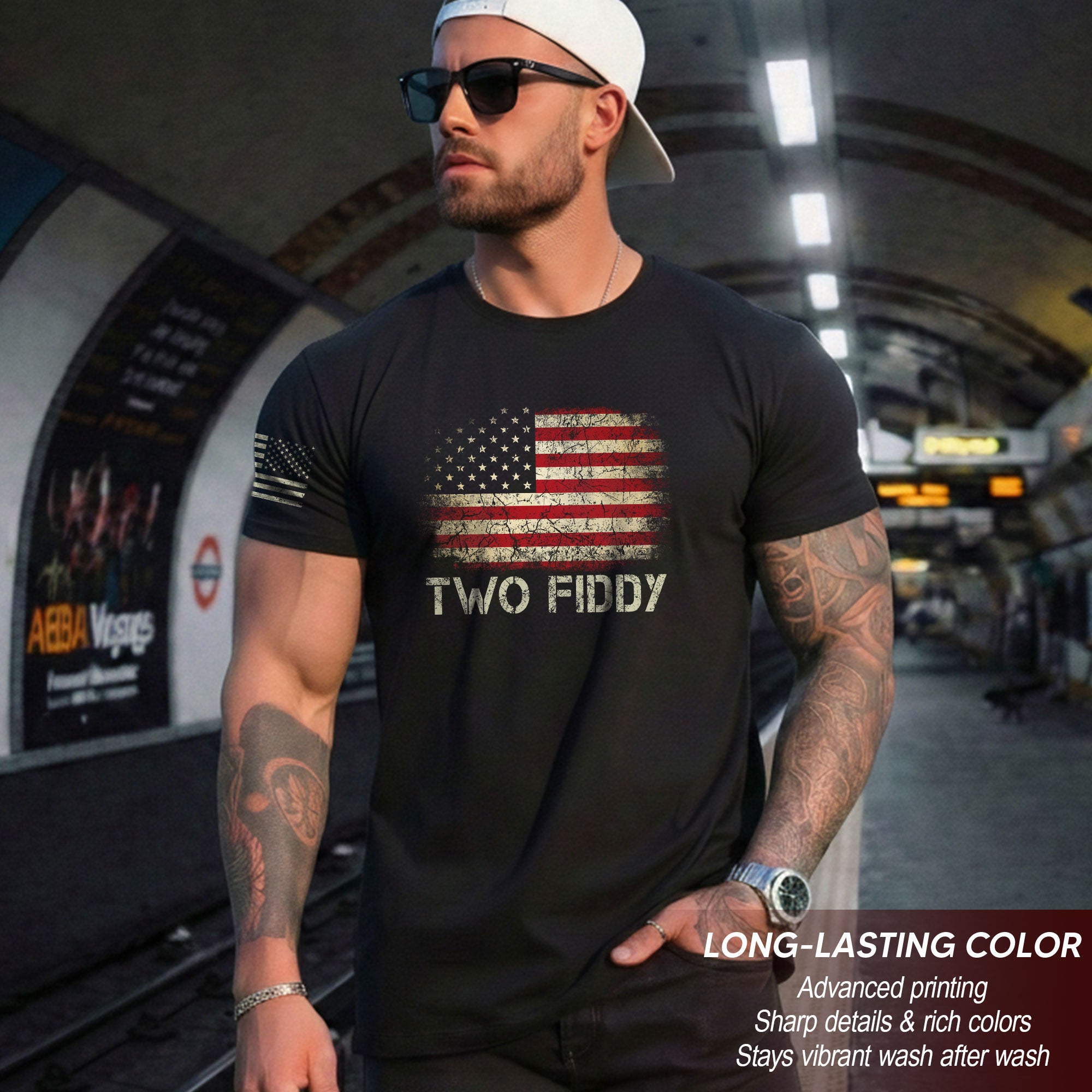 Two Fiddy Graphic T-Shirt Distressed American Flag Print Casual Cotton Short Sleeve Tee