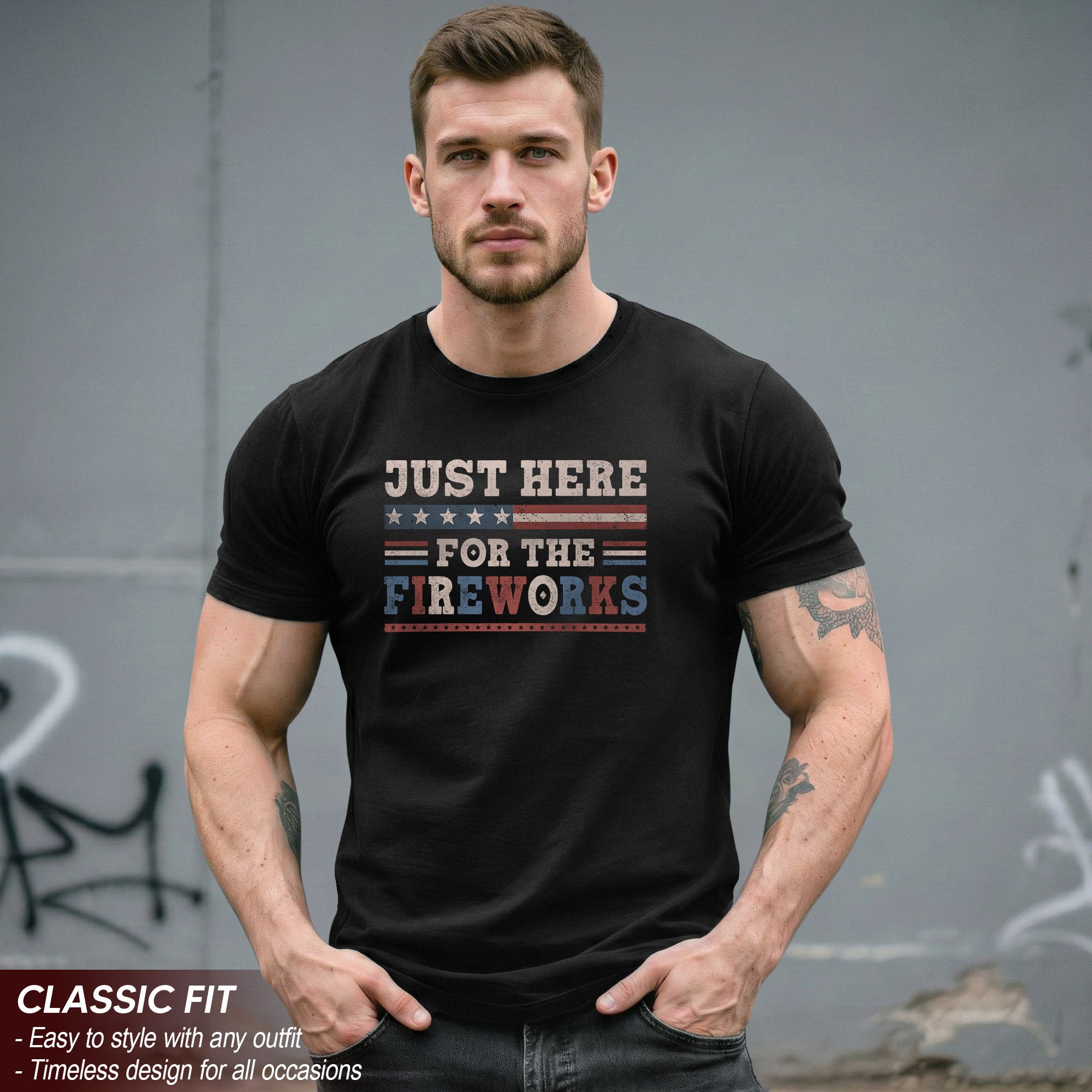 Just Here For The Fireworks Shirt Patriotic Vintage 4th of July Graphic Tee Gift