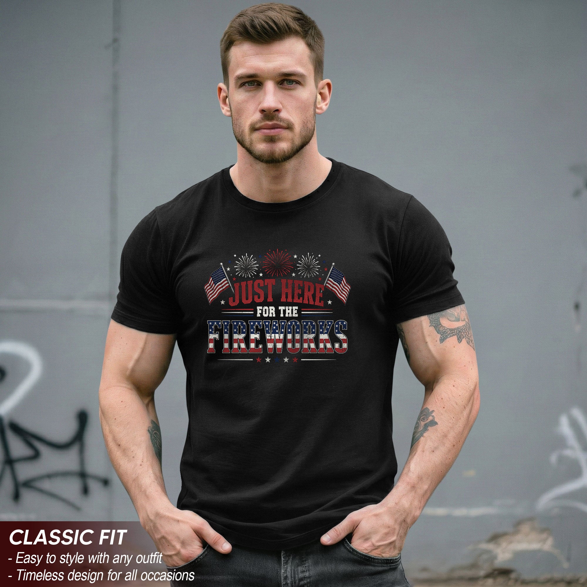 Just Here for The Fireworks Shirt 4th of July Patriotic American Flag Tee Men Women