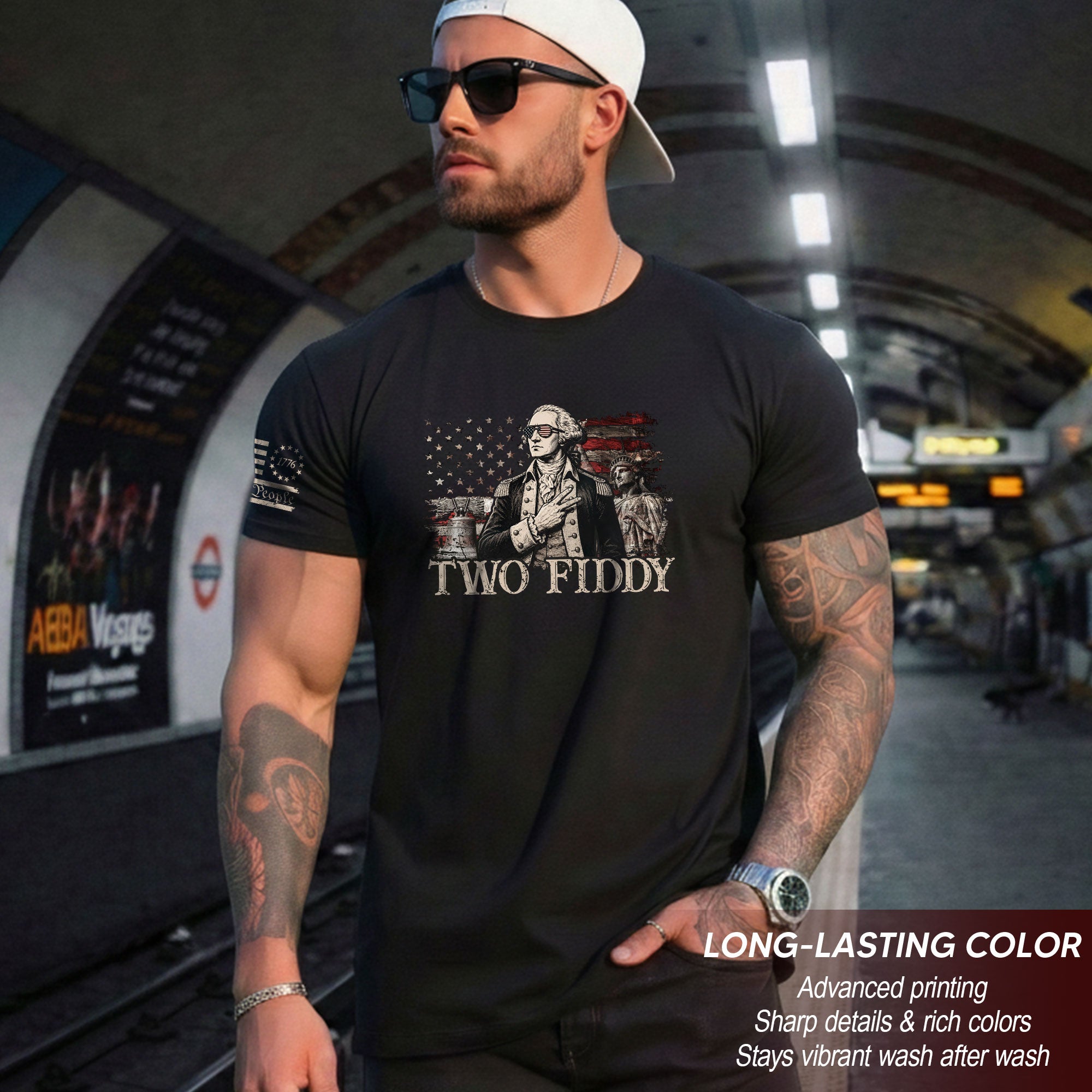 Two Fiddy George Washington Patriotic Graphic Tee American Heritage Style Apparel Shirt