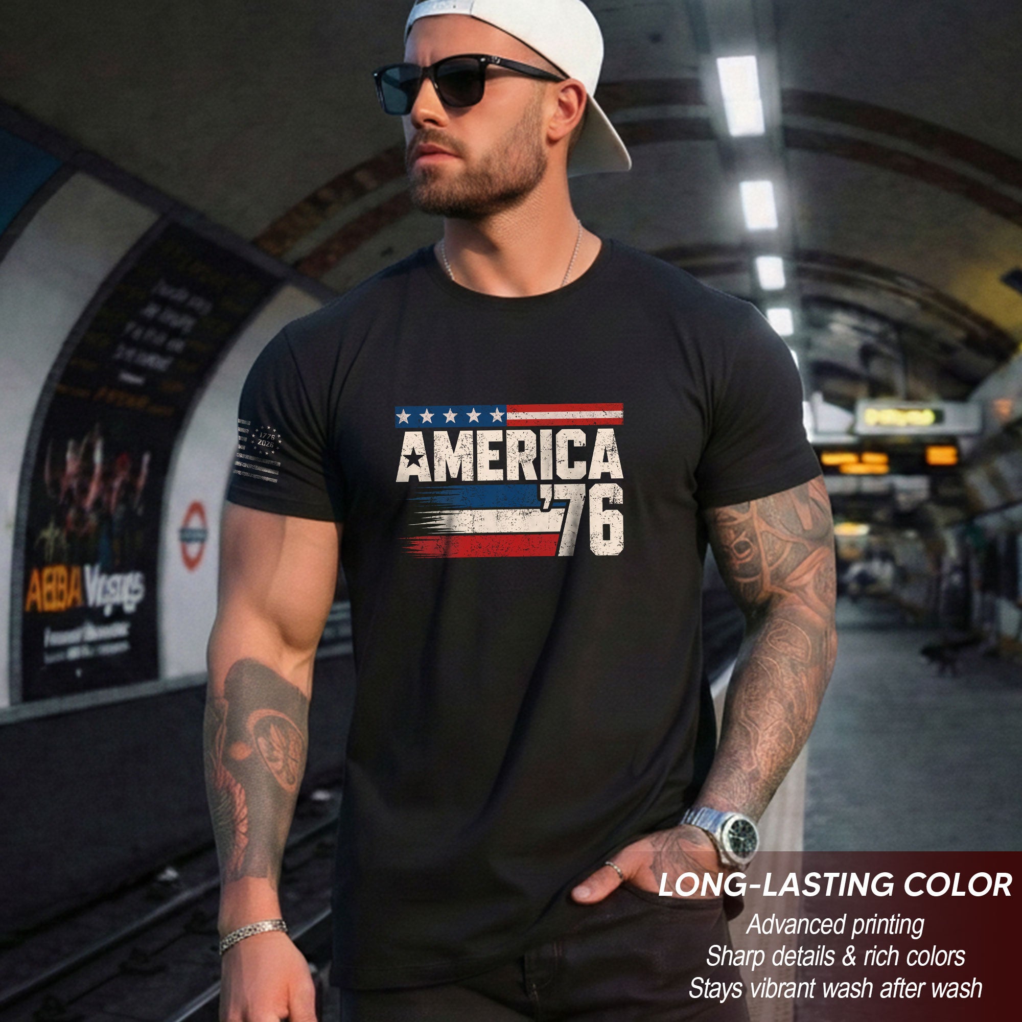 America '76 Graphic Tee Vintage Flag Design Patriotic Style Casual Mens Statement Shirt