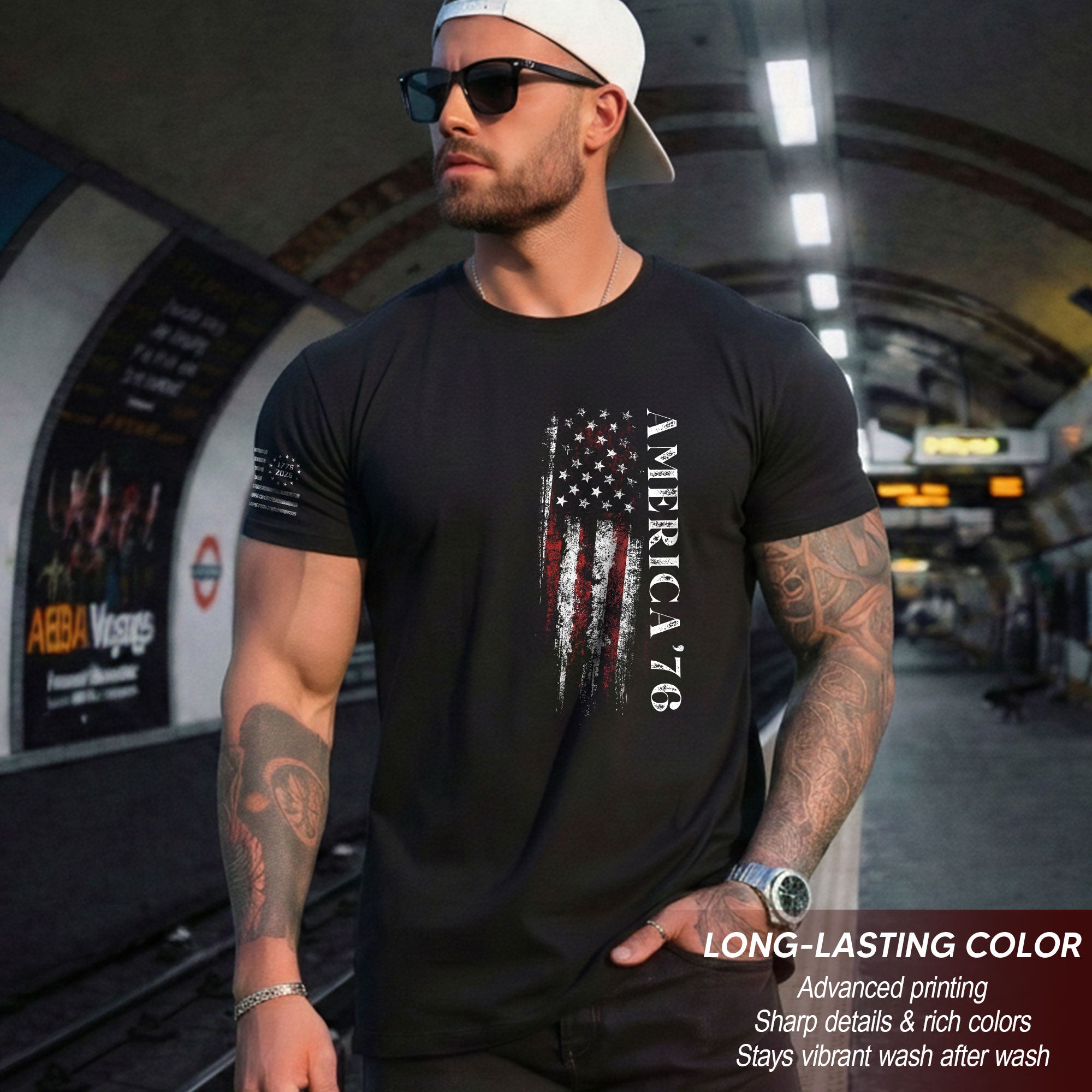 America '76 Graphic T Shirt Patriotic Vertical Flag Design Casual Mens Statement Shirt