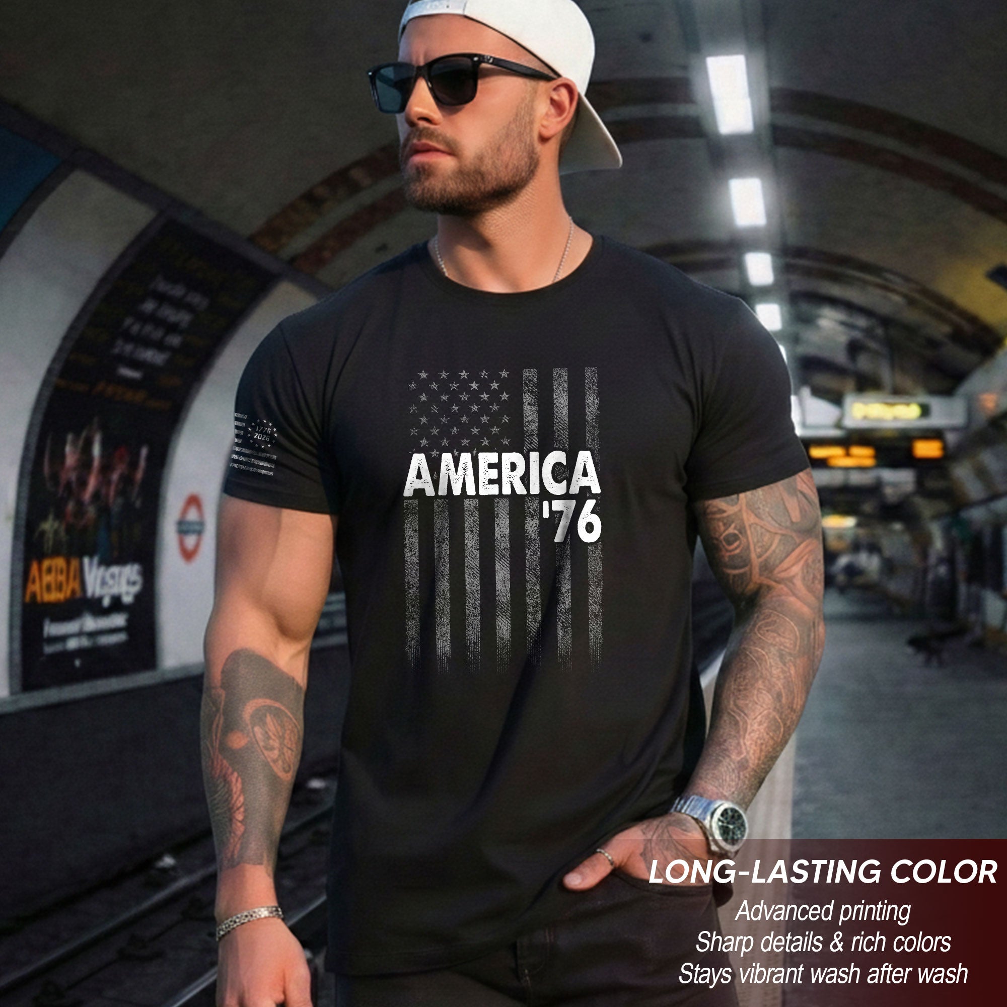 America '76 Graphic T Shirt Distressed Flag Design Patriotic Casual Mens Apparel Shirt