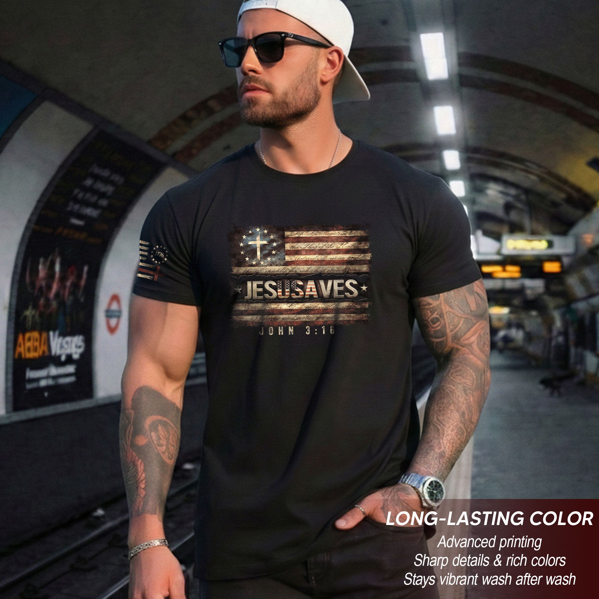 JESUSAVES T-Shirt John 3:16 Pledge of Allegiance Christian Cross Patriotic US Flag Tee