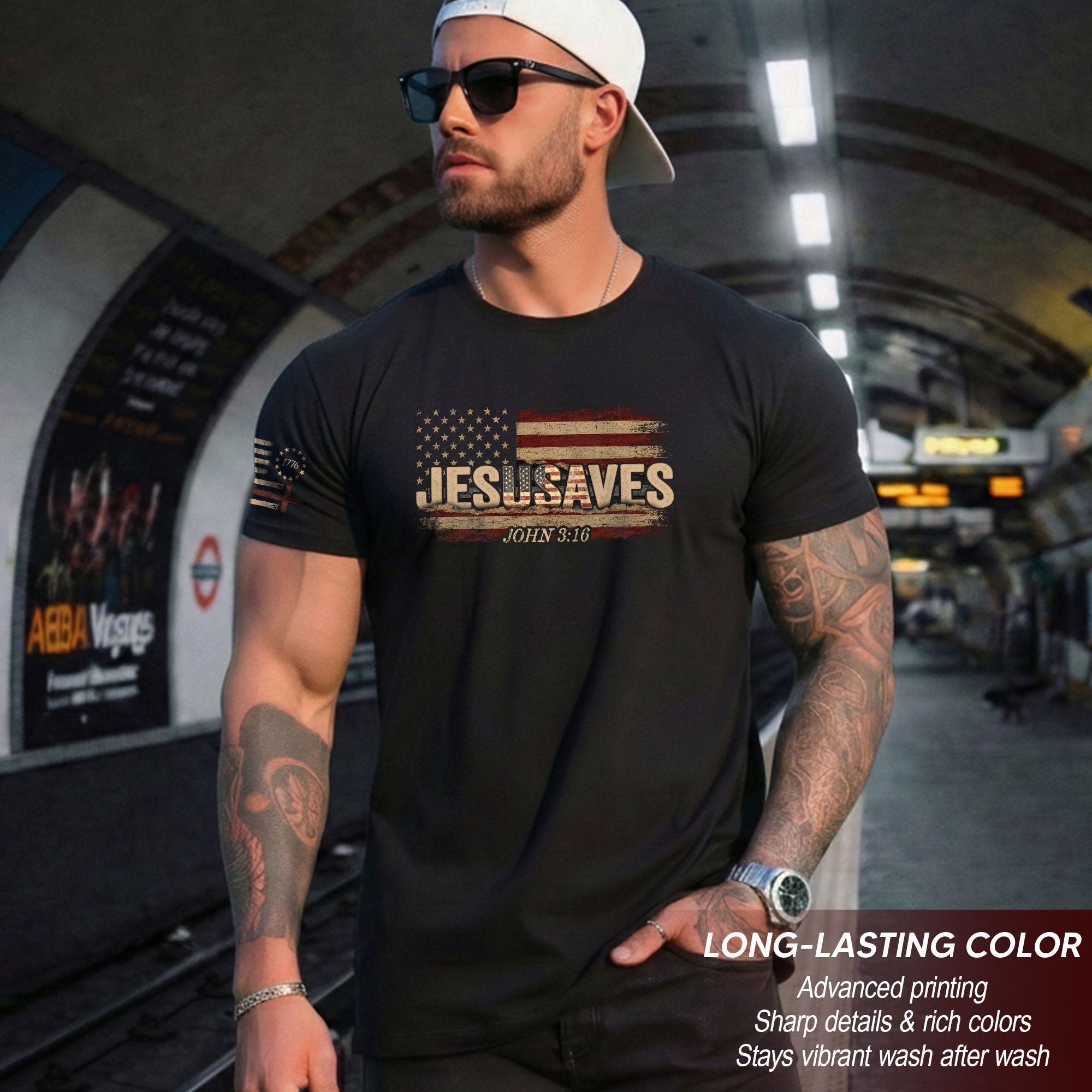JESUSAVES T-Shirt John 3:16 Patriotic American Flag Distressed Christian Faith Tee