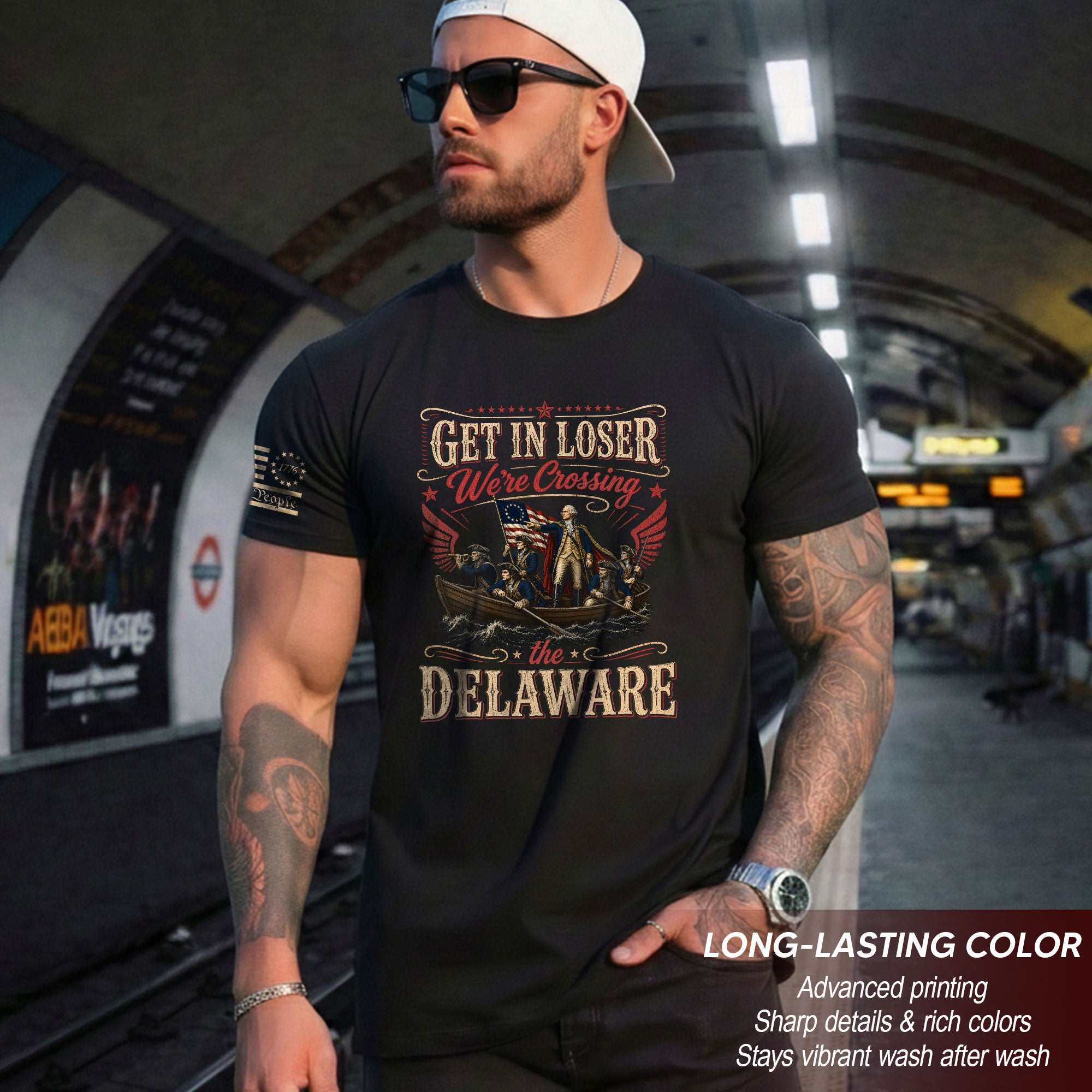 Get In Loser We're Crossing The Delaware T-Shirt Sarcastic 1776 Patriotic US Flag Gift