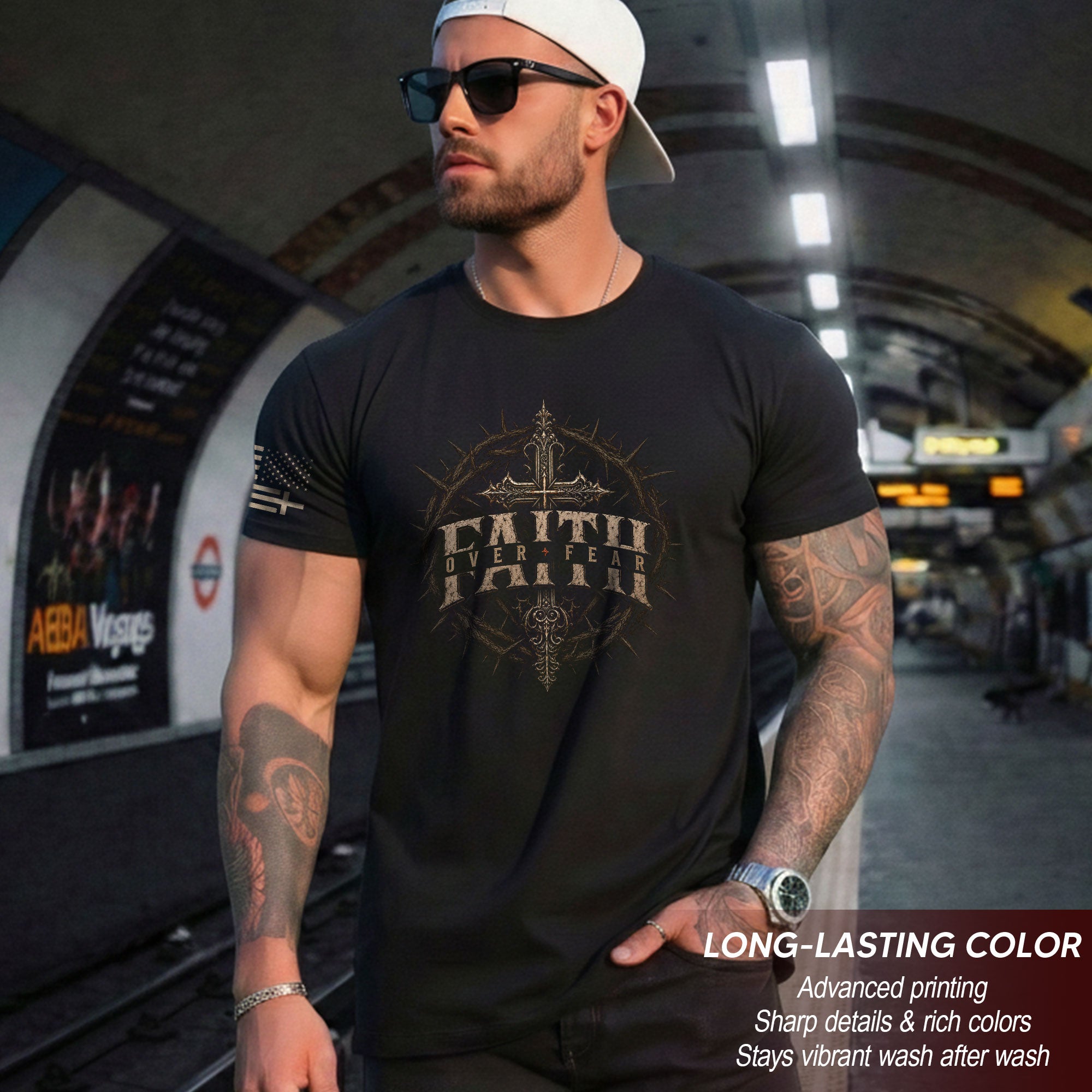 Faith Over Fear T Shirt Christian Cross Vintage Religious Patriotic USA Flag Tee