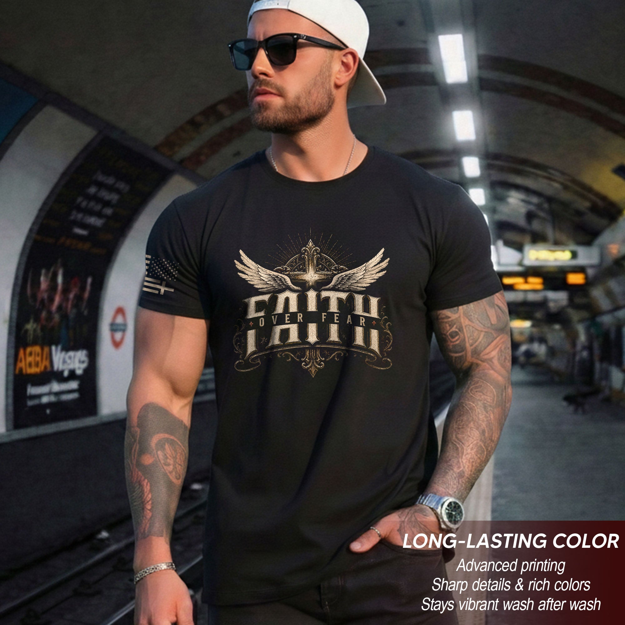 Faith Over Fear T Shirt Christian Cross Angel Wings Vintage Religious Patriotic Tee