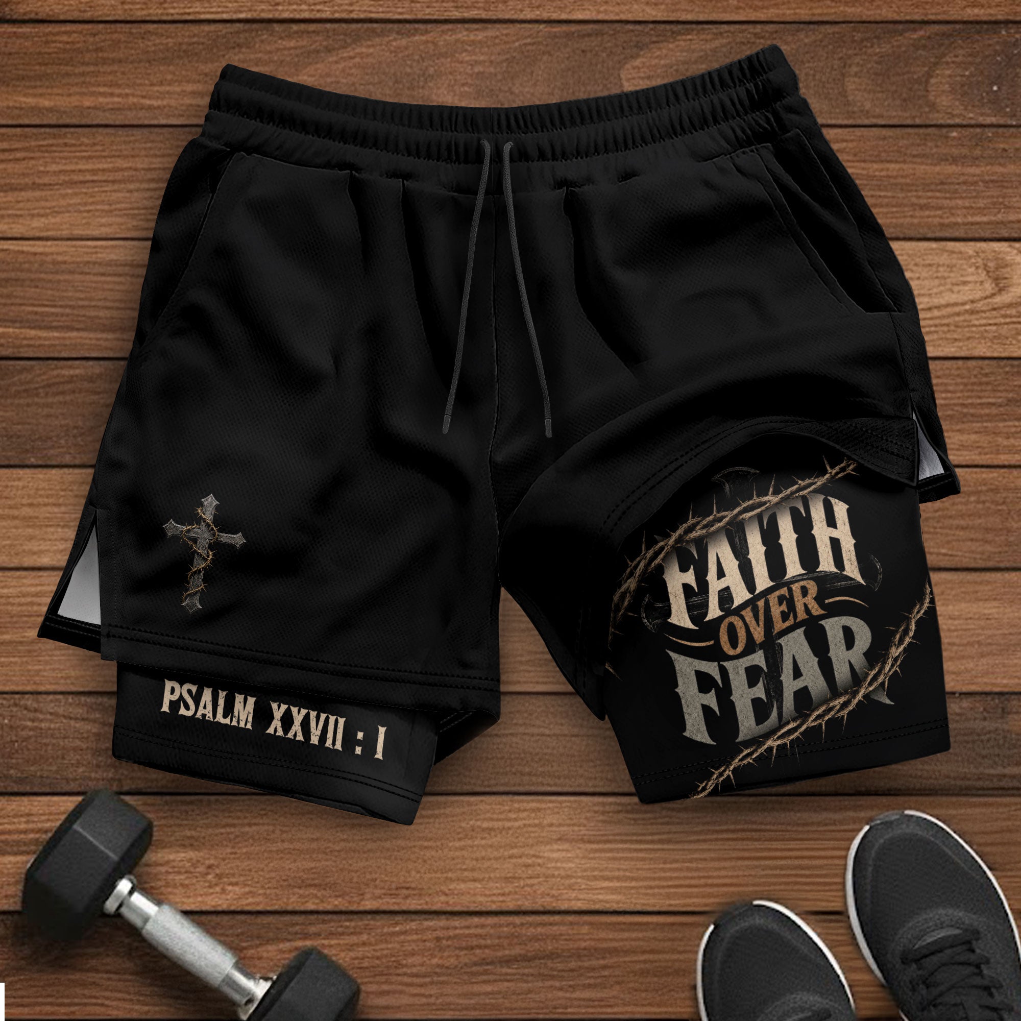 Men's Faith Over Fear Double Layer Track Shorts - Christian Psalm 27:1 Gym Shorts