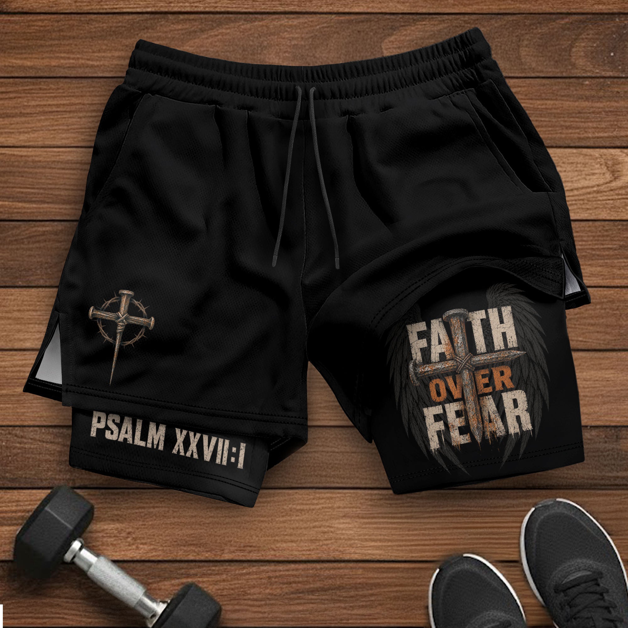 Psalm 27:1 Faith Over Fear Men's Double Layer Track Shorts - Christian Cross Workout Shorts