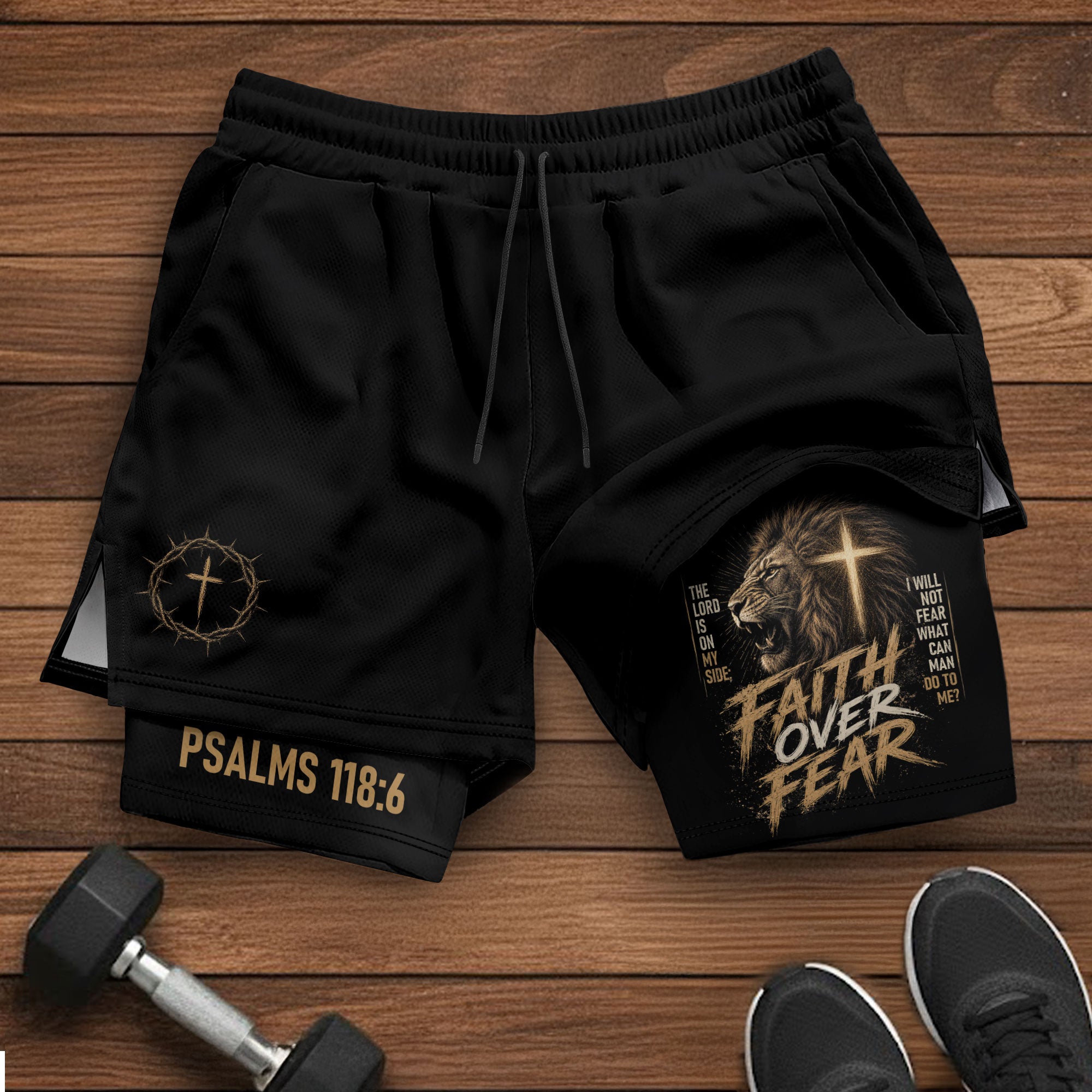 Psalms 118:6 Lion Faith Over Fear Men's Double Layer Track Shorts - Christian Gym Shorts