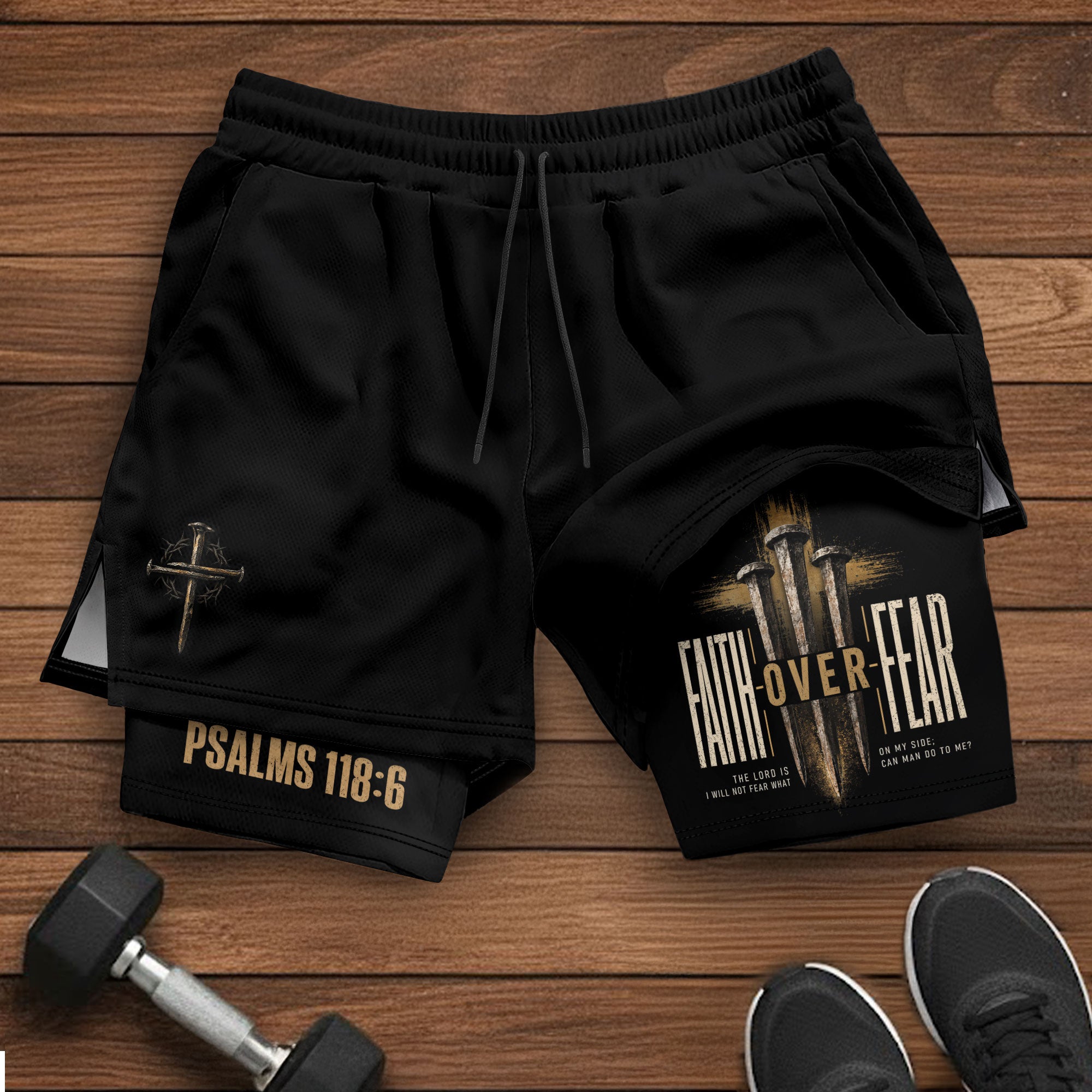 Psalms 118:6 Faith Over Fear Men's Double Layer Track Shorts - Christian Nail Cross Shorts
