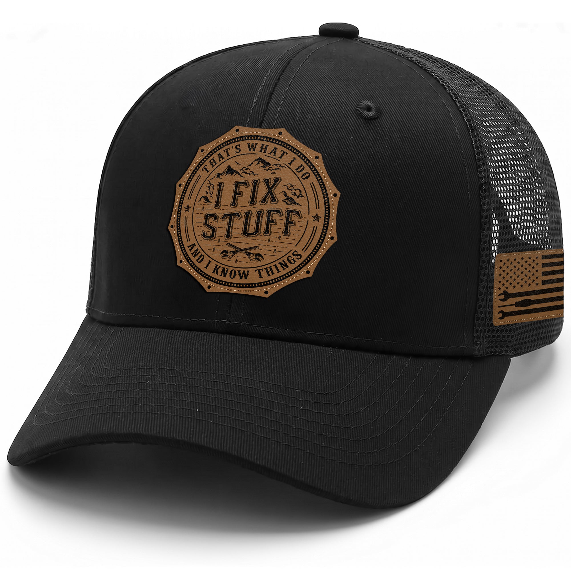 That's What I Do I Fix Stuff Round Leather Patch Black Trucker Hat Handyman Gift