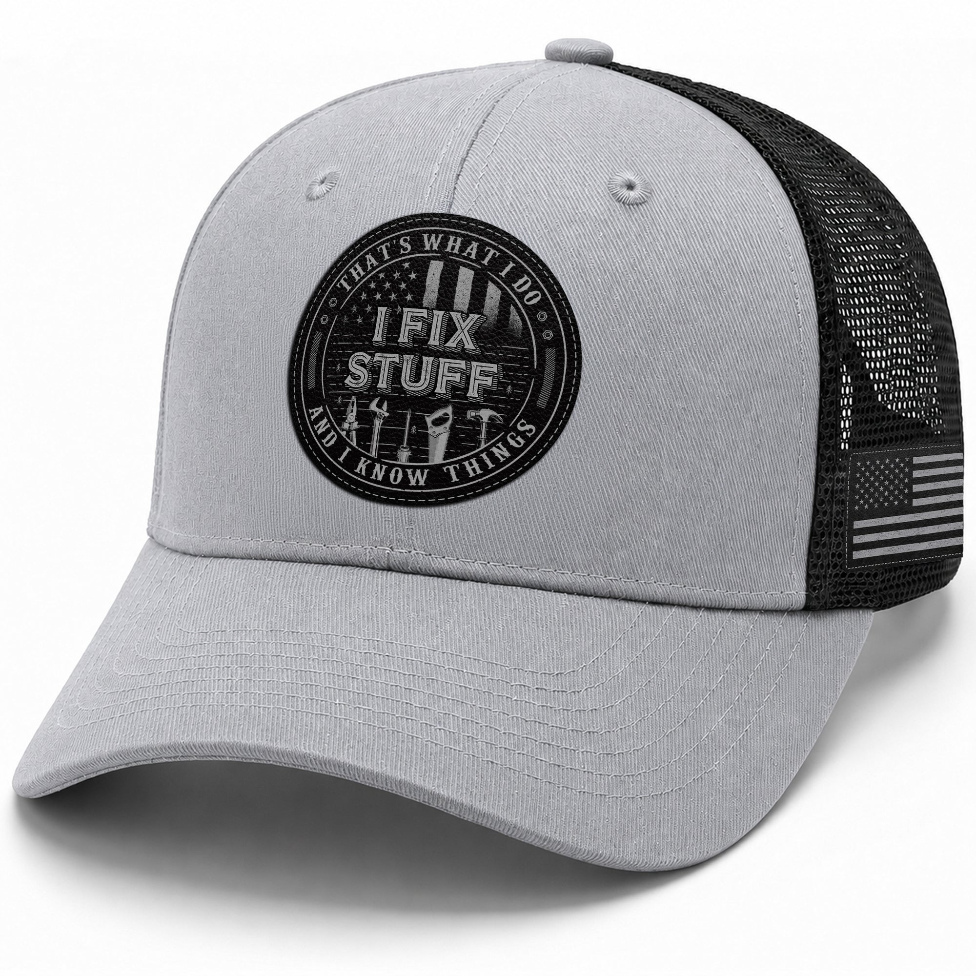 That's What I Do I Fix Stuff Round Patch Grey Trucker Hat Cool Handyman Gift Idea