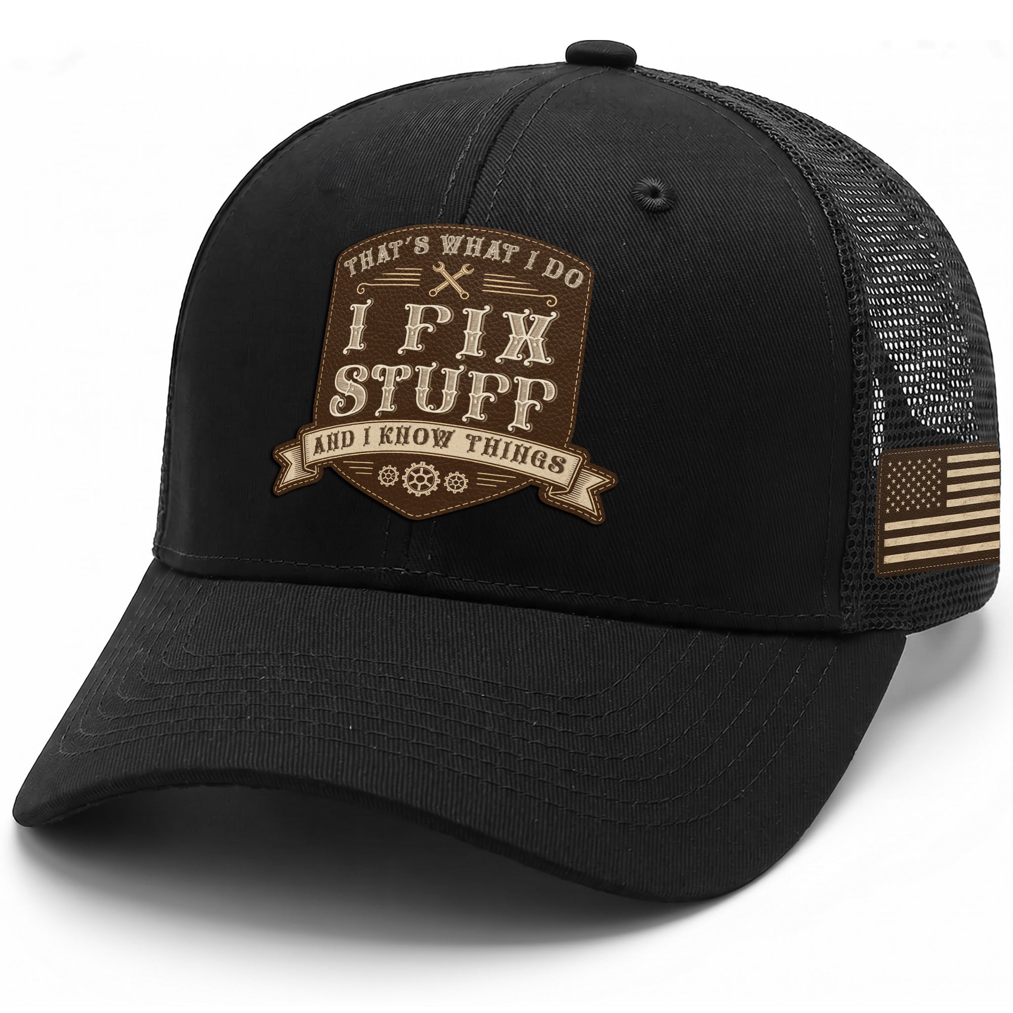 That's What I Do I Fix Stuff Shield Patch Black Trucker Hat Cool Handyman Gift Idea