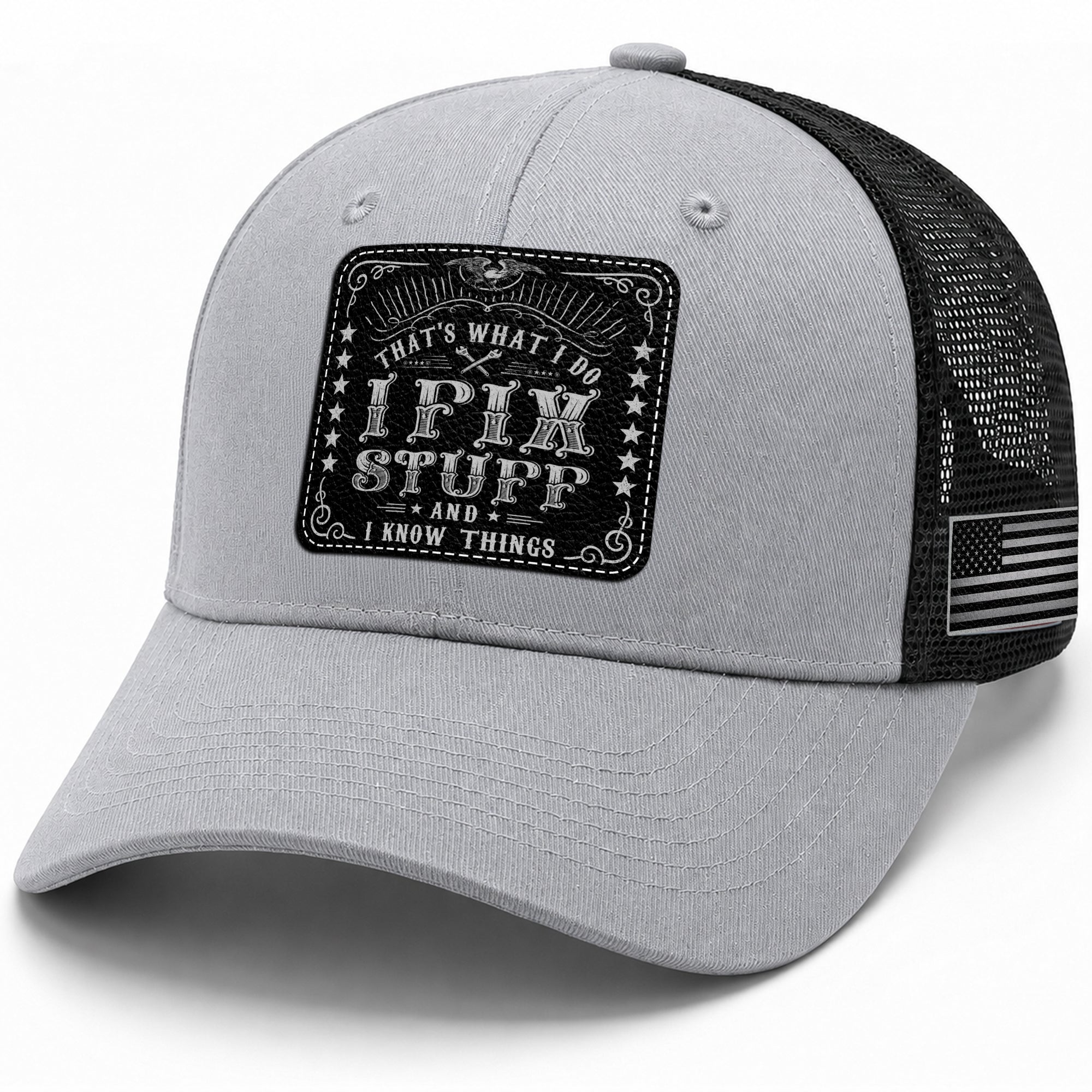 That's What I Do I Fix Stuff Vintage Patch Grey Trucker Hat Cool Handyman Gift Idea