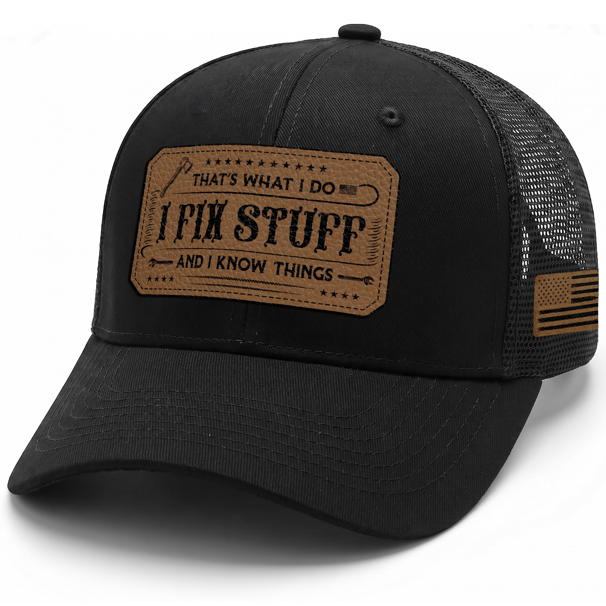 That's What I Do I Fix Stuff Leather Patch Black Trucker Hat Cool Handyman Gift Idea
