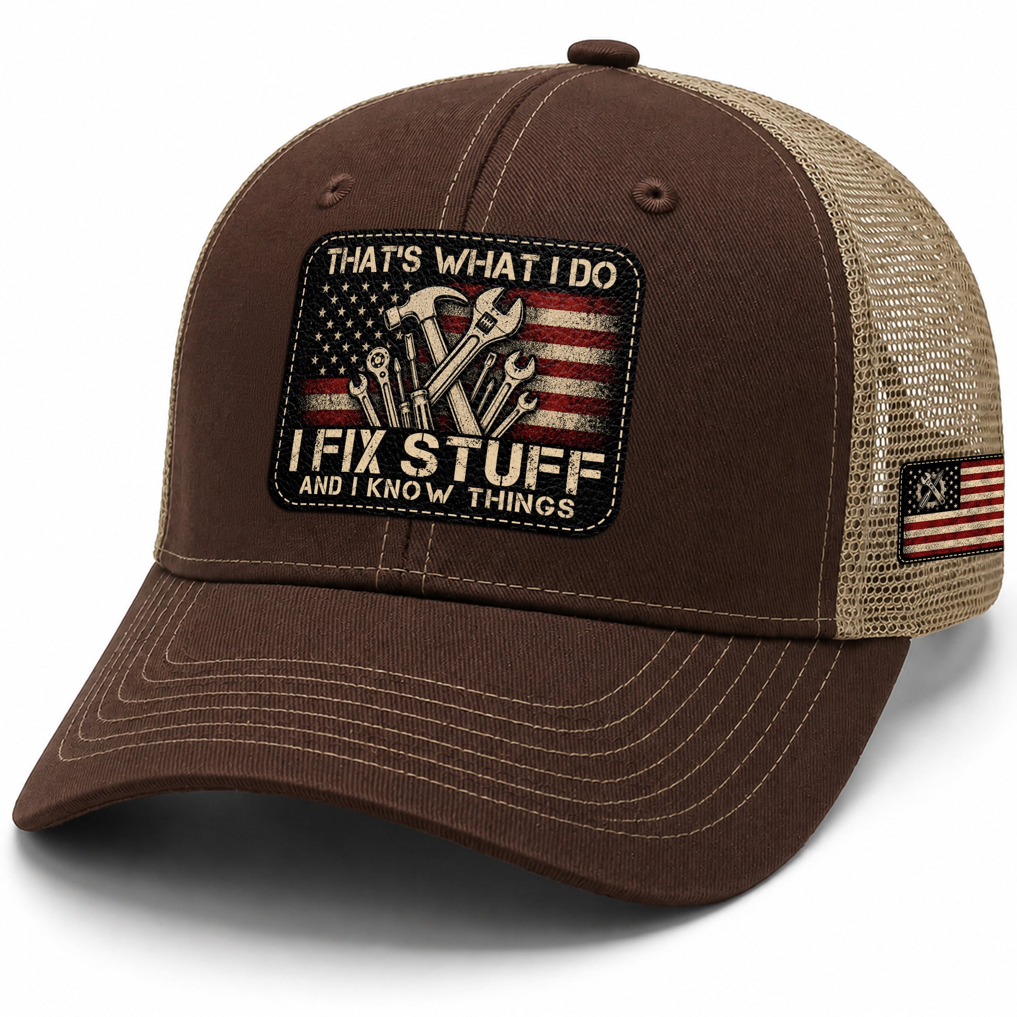 That's What I Do I Fix Stuff American Flag Brown Trucker Hat Cool Handyman Gift Idea