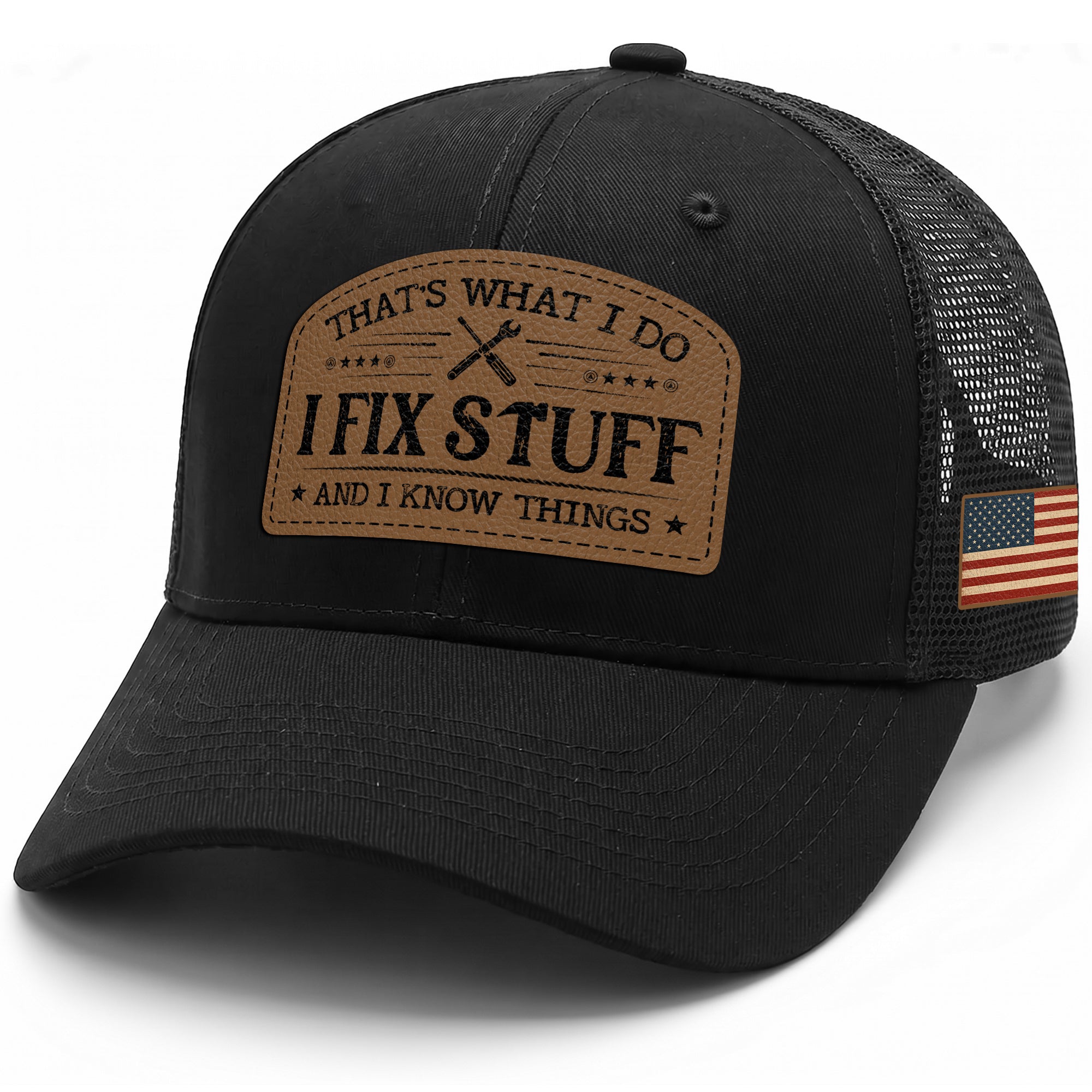 That's What I Do I Fix Stuff Leather Patch Black Trucker Cap Handy Dad Gift Idea