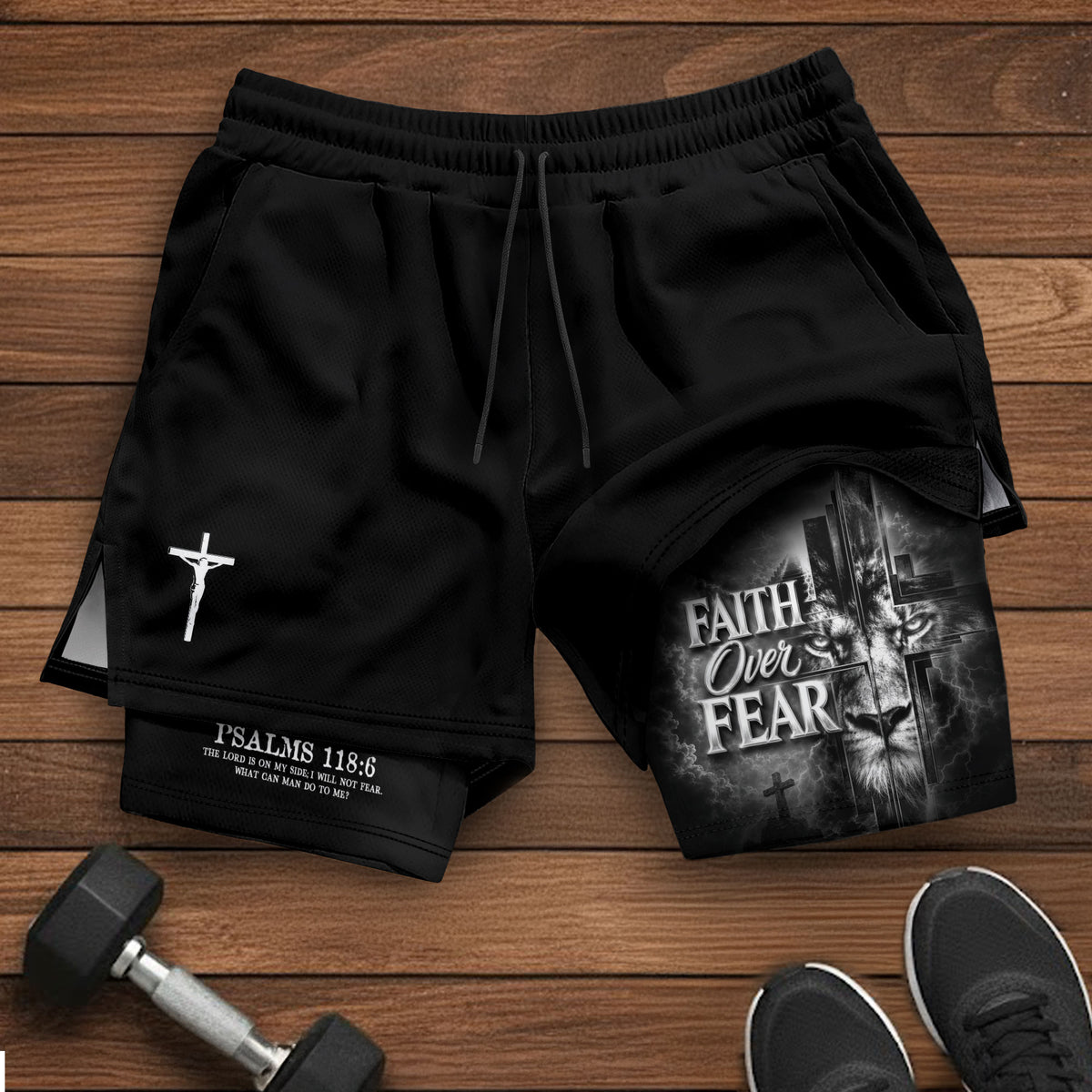 Faith Over Fear Mens Double Layer Track Shorts Christian Gym Athletic Shorts Psalms 118:6 - Rust Field Wear