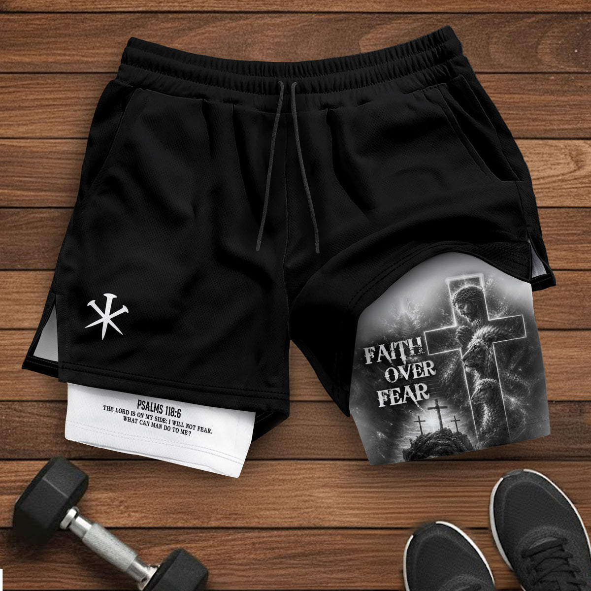 Faith Over Fear Double Layer Track Shorts Mens Christian Athletic Gym Shorts Cross Lion - Rust Field Wear