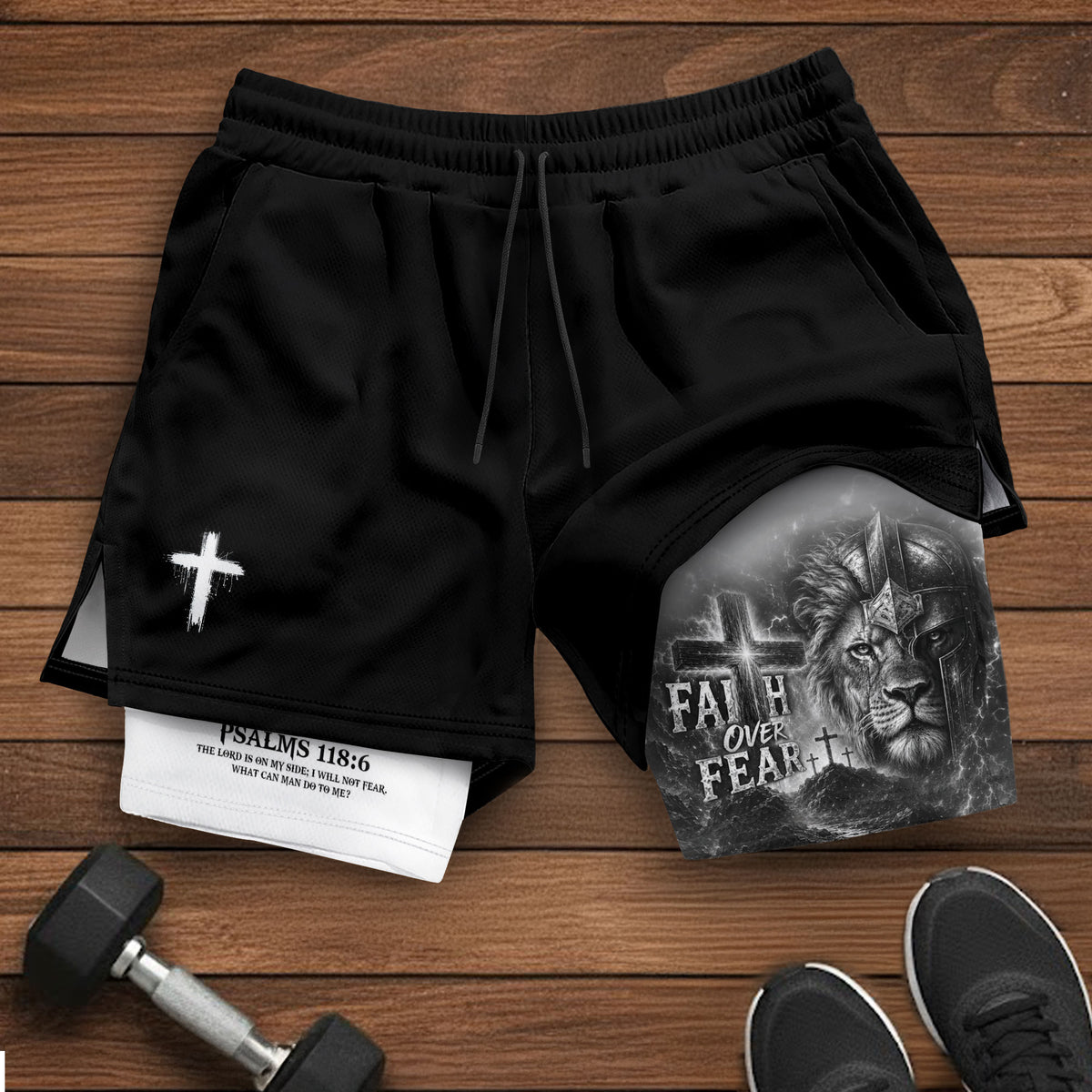 Faith Over Fear Mens Double Layer Track Shorts Warrior Lion Christian Gym Shorts Psalms 118:6 - Rust Field Wear
