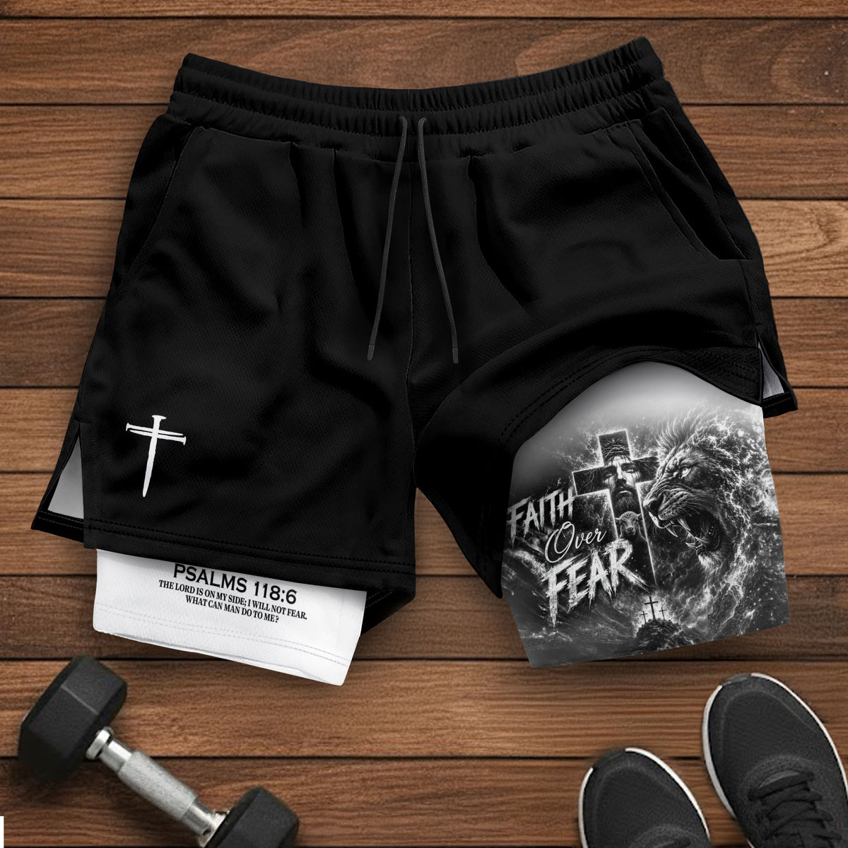 Mens Double Layer Track Shorts Faith Over Fear Christian Gym Workout Shorts Psalms 118:6 - Rust Field Wear