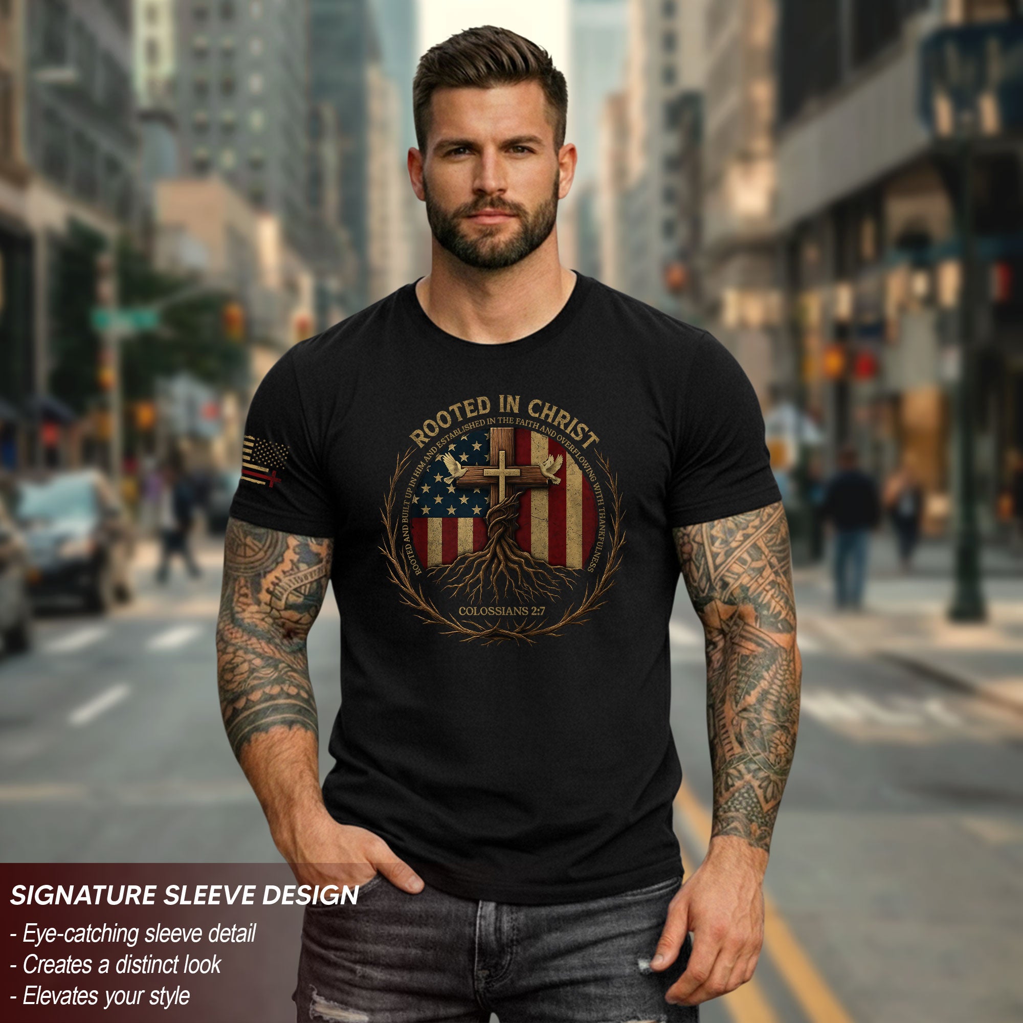 Rooted in Christ – Colossians 2:7 American Flag Faith T-shirt