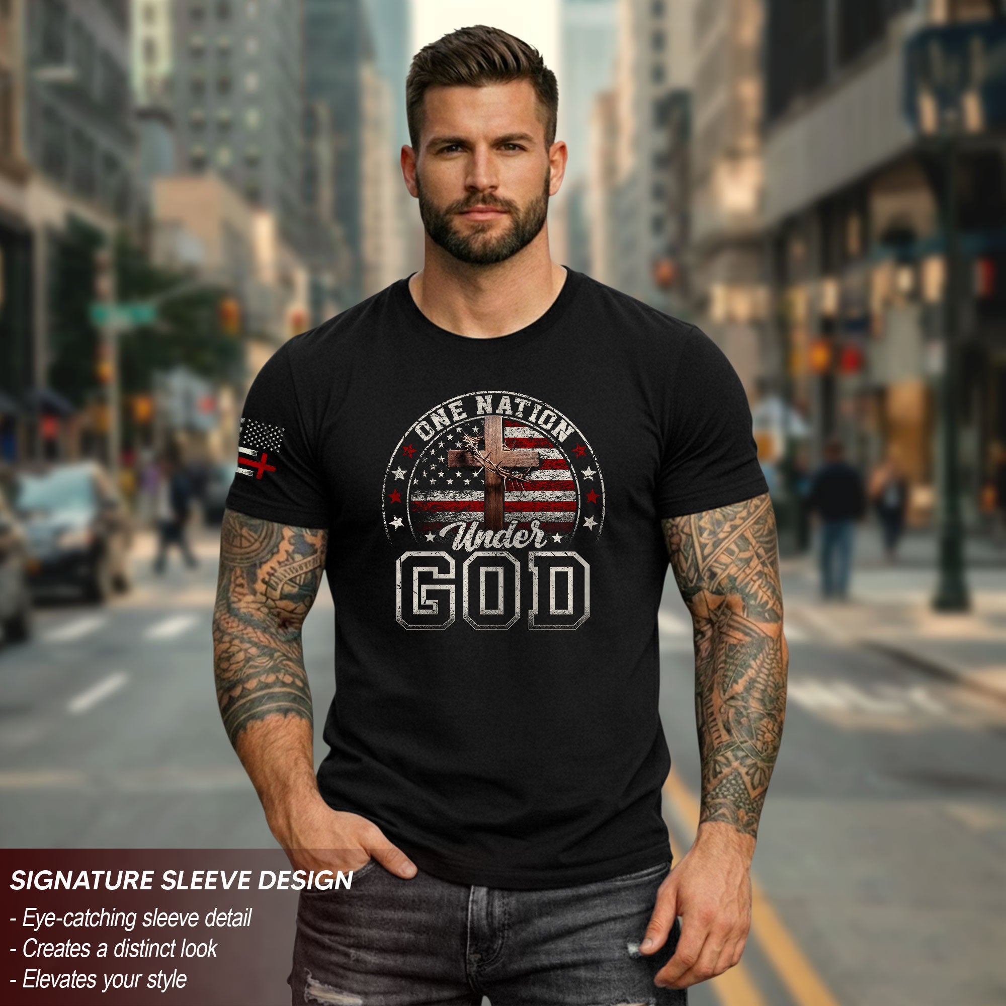 One Nation Under God Christian American Flag Cross Shirt