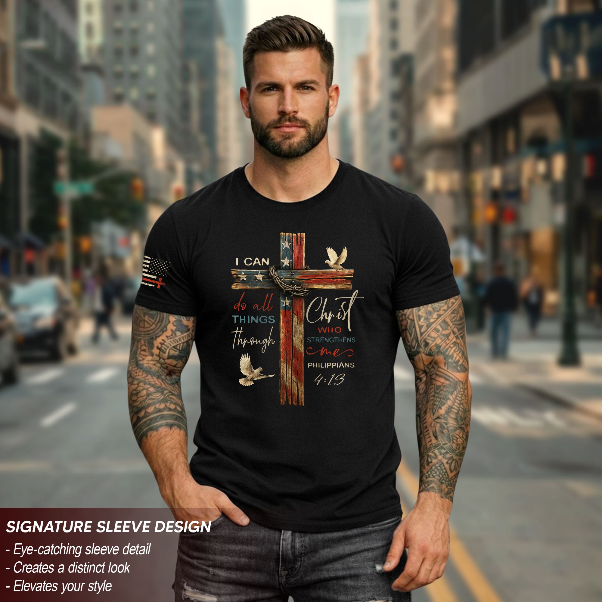 Philippians 4:13 Shirt – I Can Do All Things Through Christ Flag Cross Christian Tee