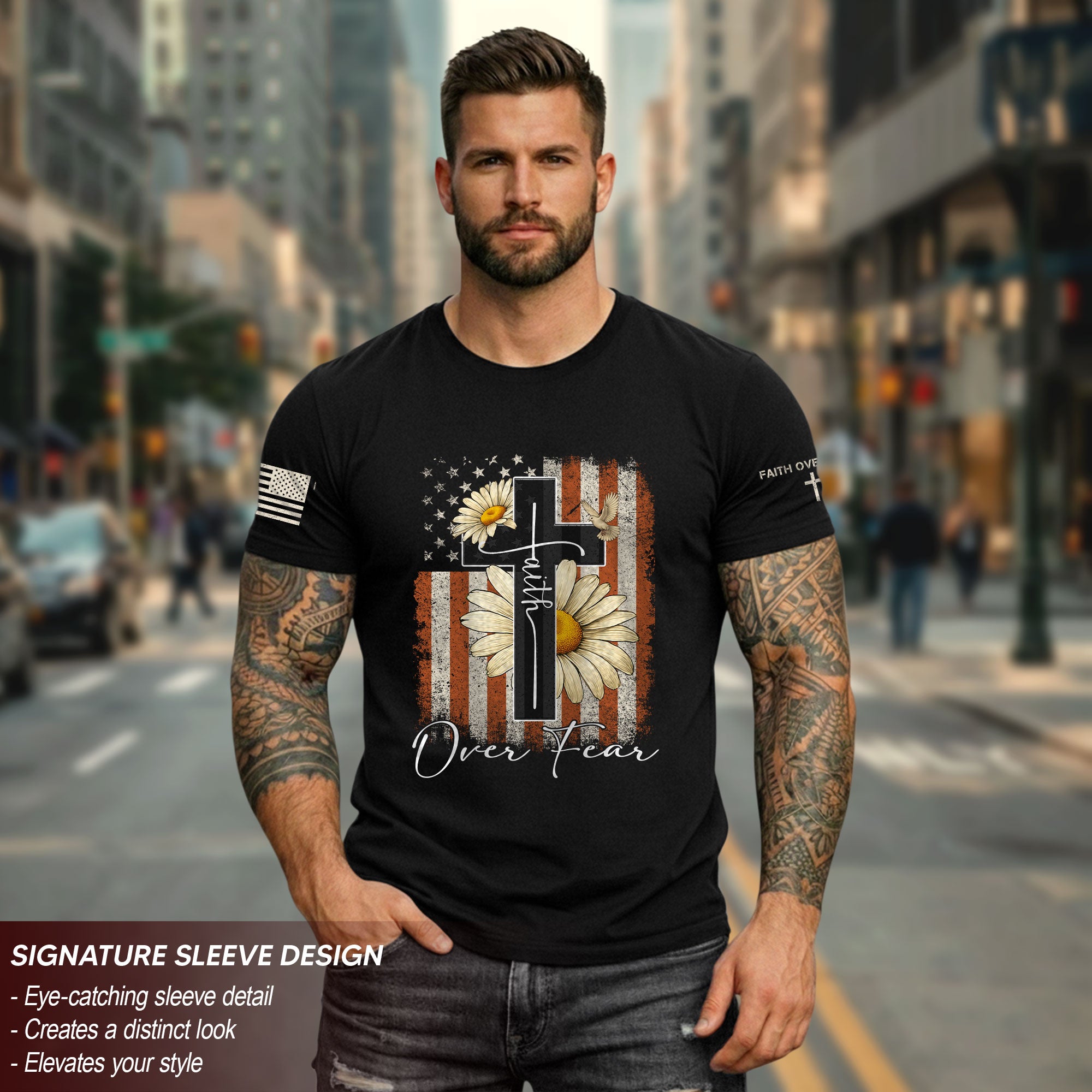 Faith Over Fear Shirt – Daisy Cross USA Flag Christian Tee