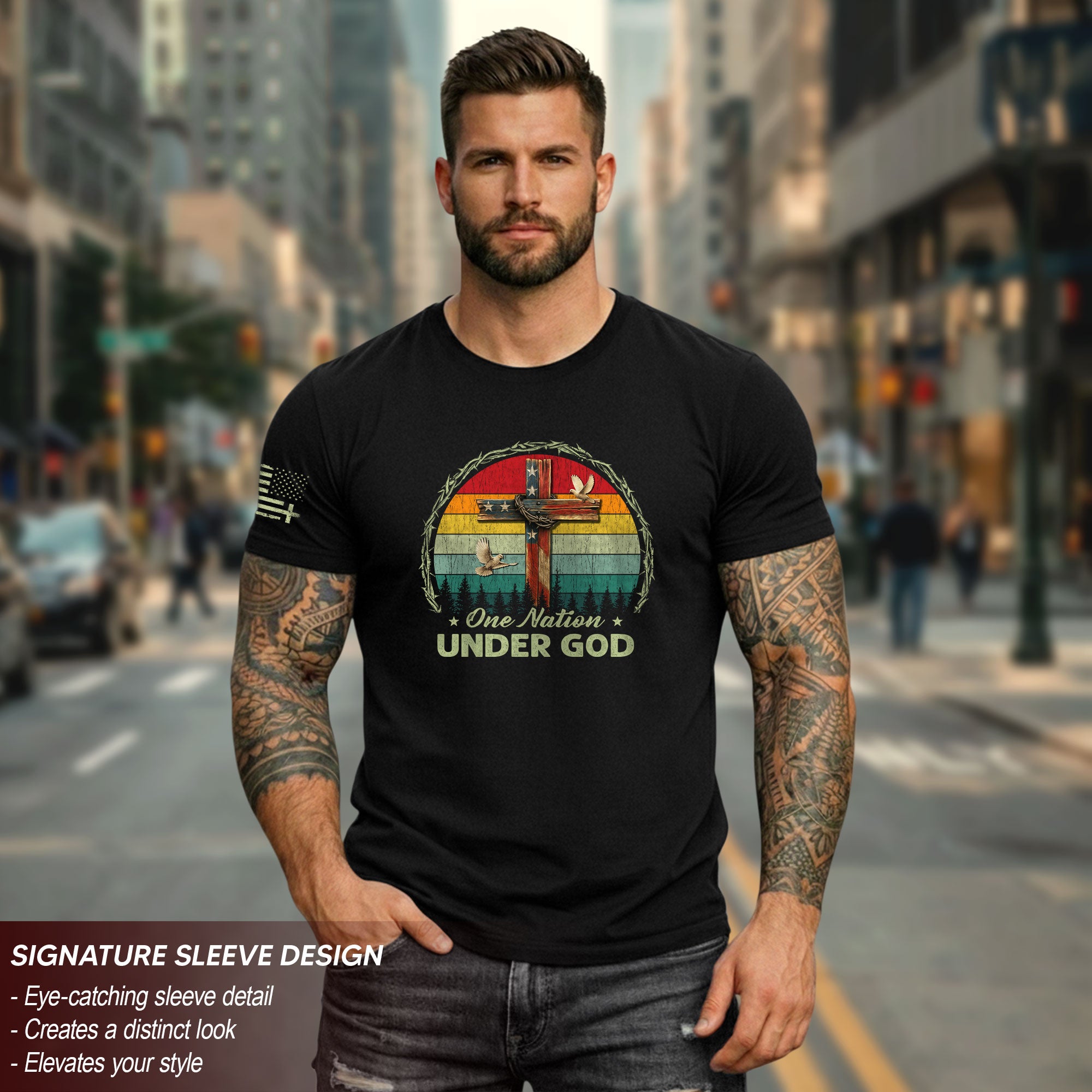 One Nation Under God Retro Sunset Cross T-Shirt