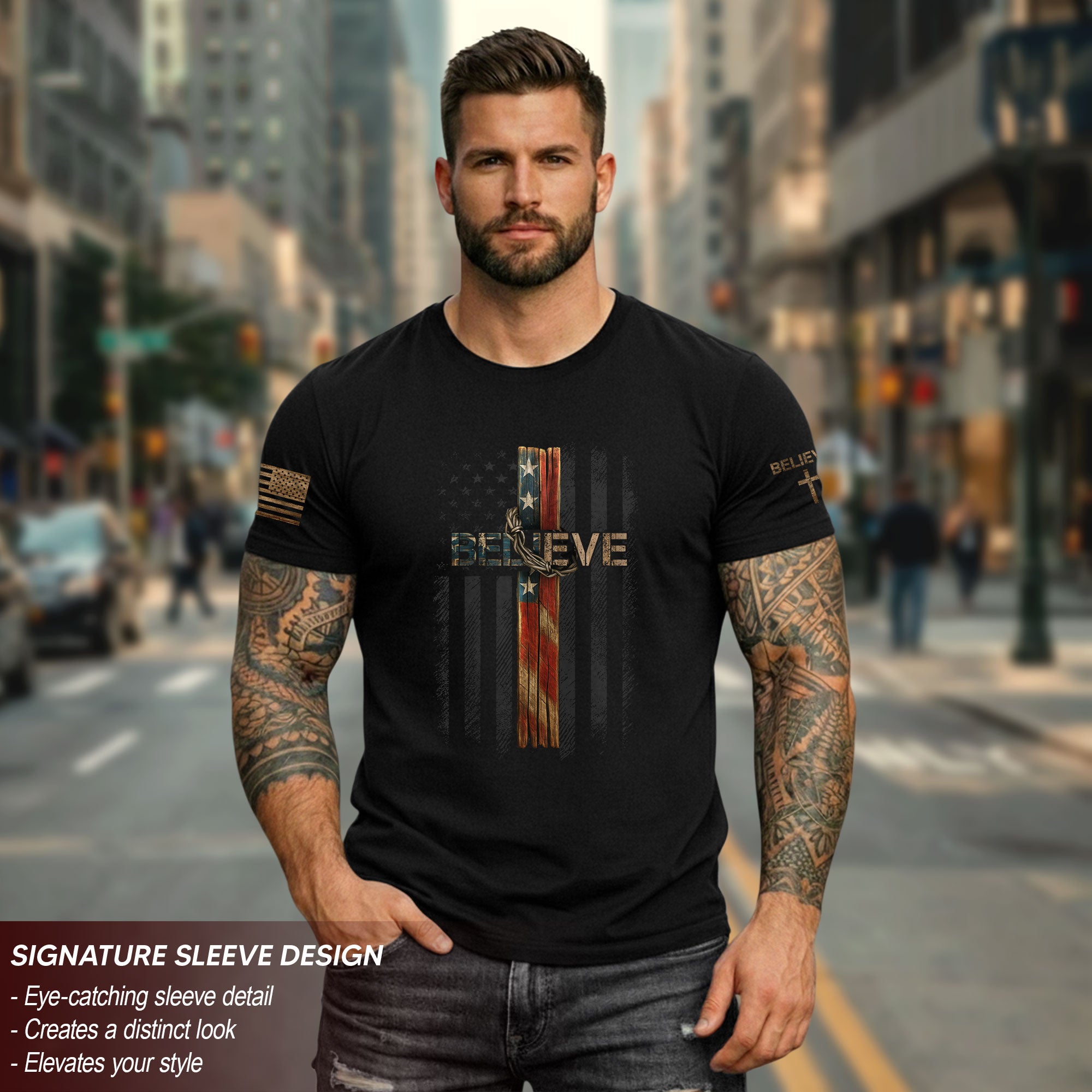 Believe American Flag Cross Christian T-Shirt