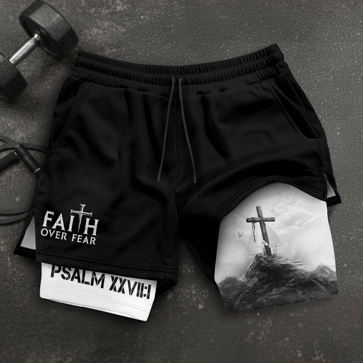 Faith Over Fear Christian Gym Shorts for Men Psalms 27:1 - Rust Field Wear