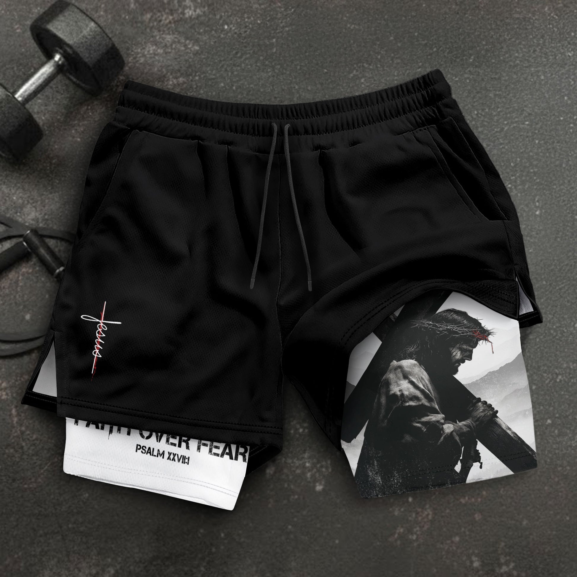 Faith Over Fear Christian Gym Shorts for Men Jesus Cross Design - Rust Field Wear