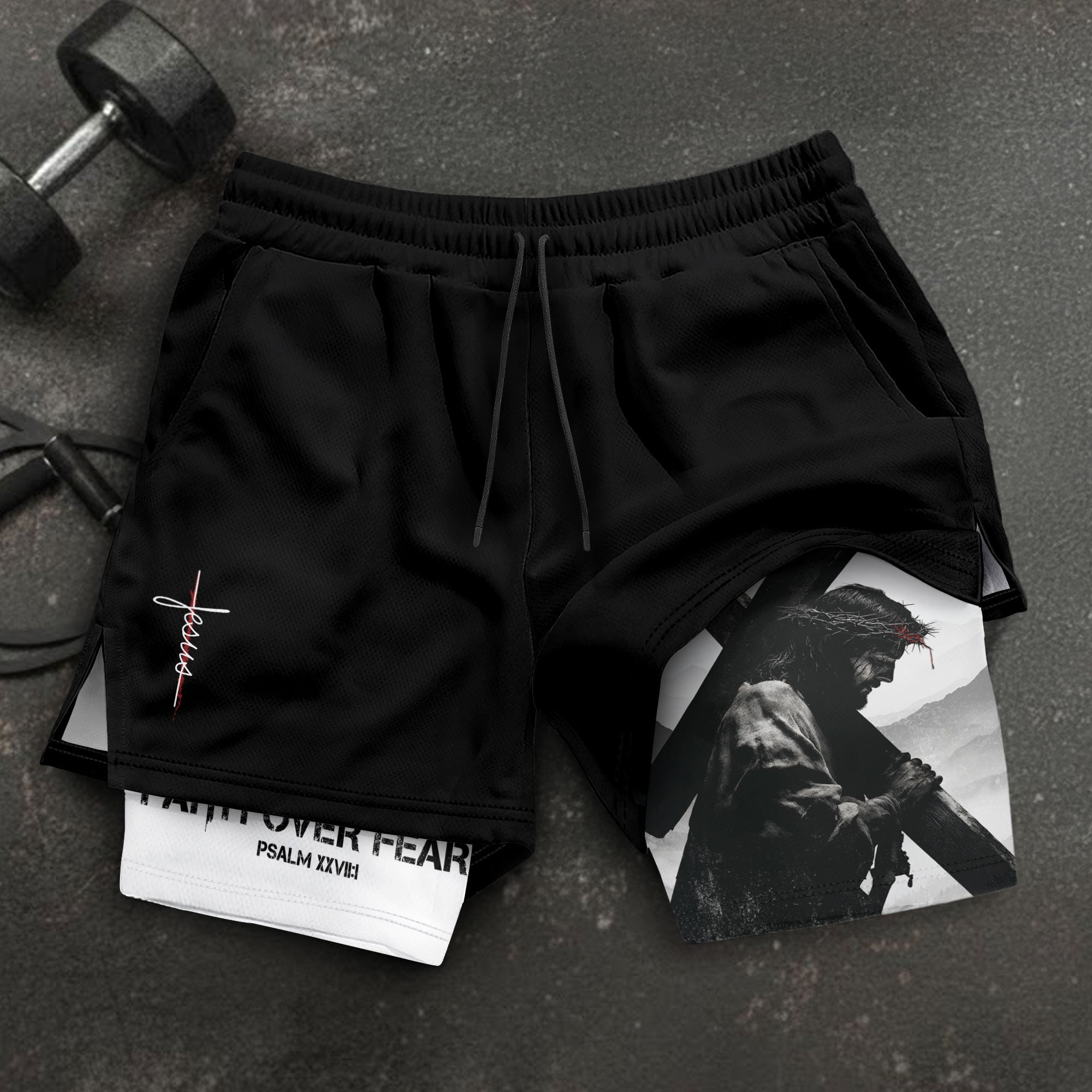 Faith Over Fear Christian Gym Shorts for Men Jesus Cross Design - Rust Field Wear