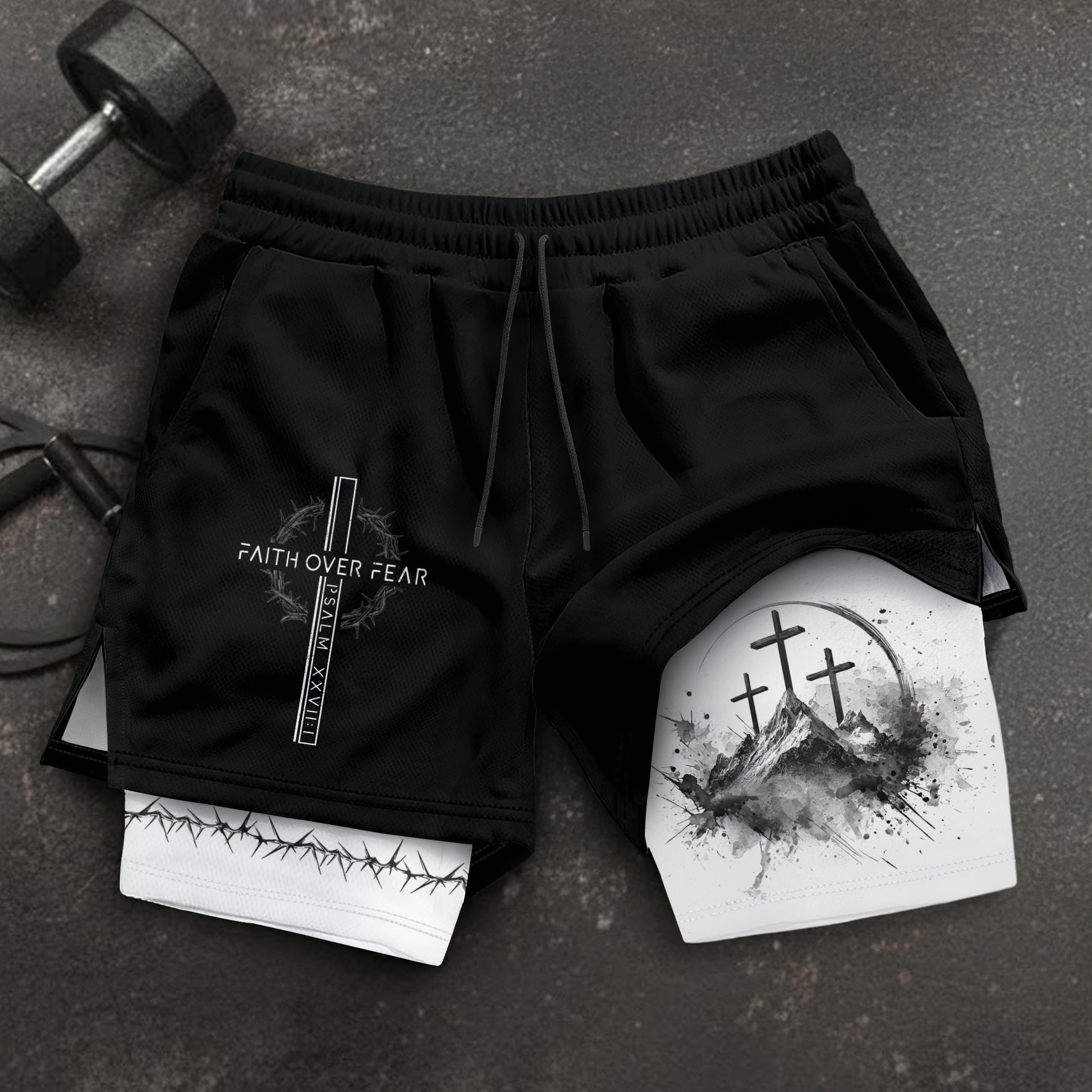 Faith Over Fear Christian Gym Shorts for Men Psalms 27:1 Cross Design - Rust Field Wear