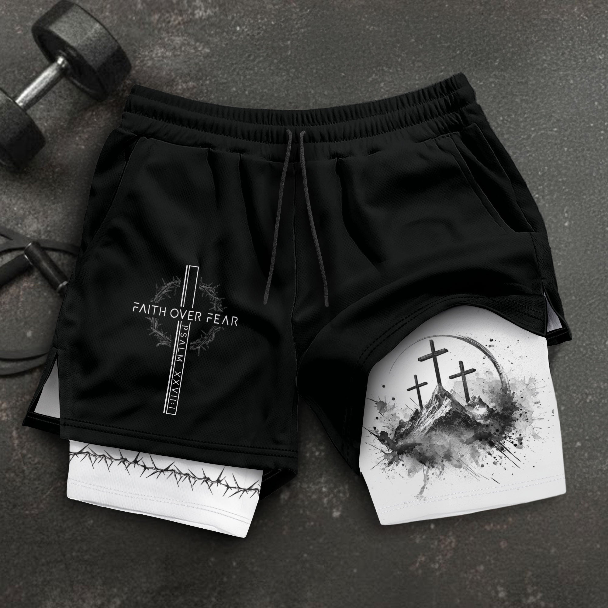 Faith Over Fear Christian Gym Shorts for Men Psalms 27:1 Cross Design - Rust Field Wear