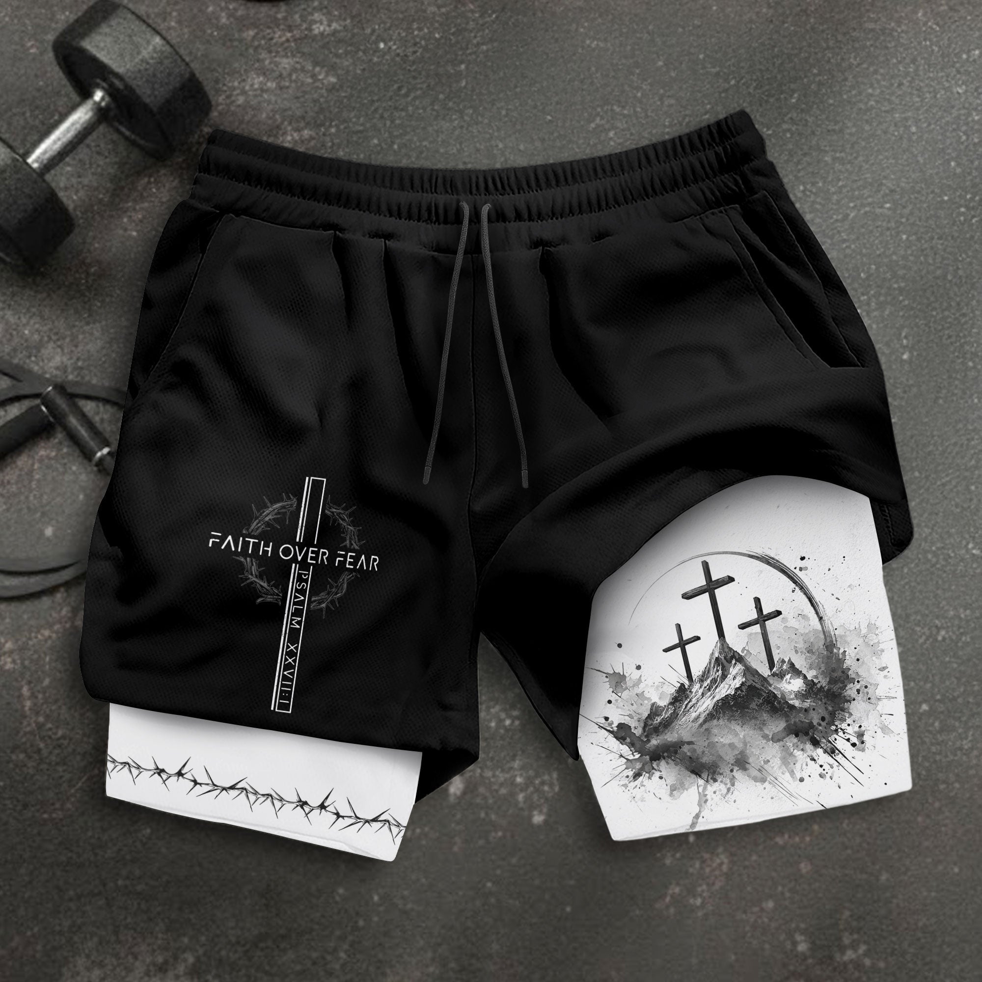 Faith Over Fear Christian Gym Shorts for Men Psalms 27:1 Cross Design