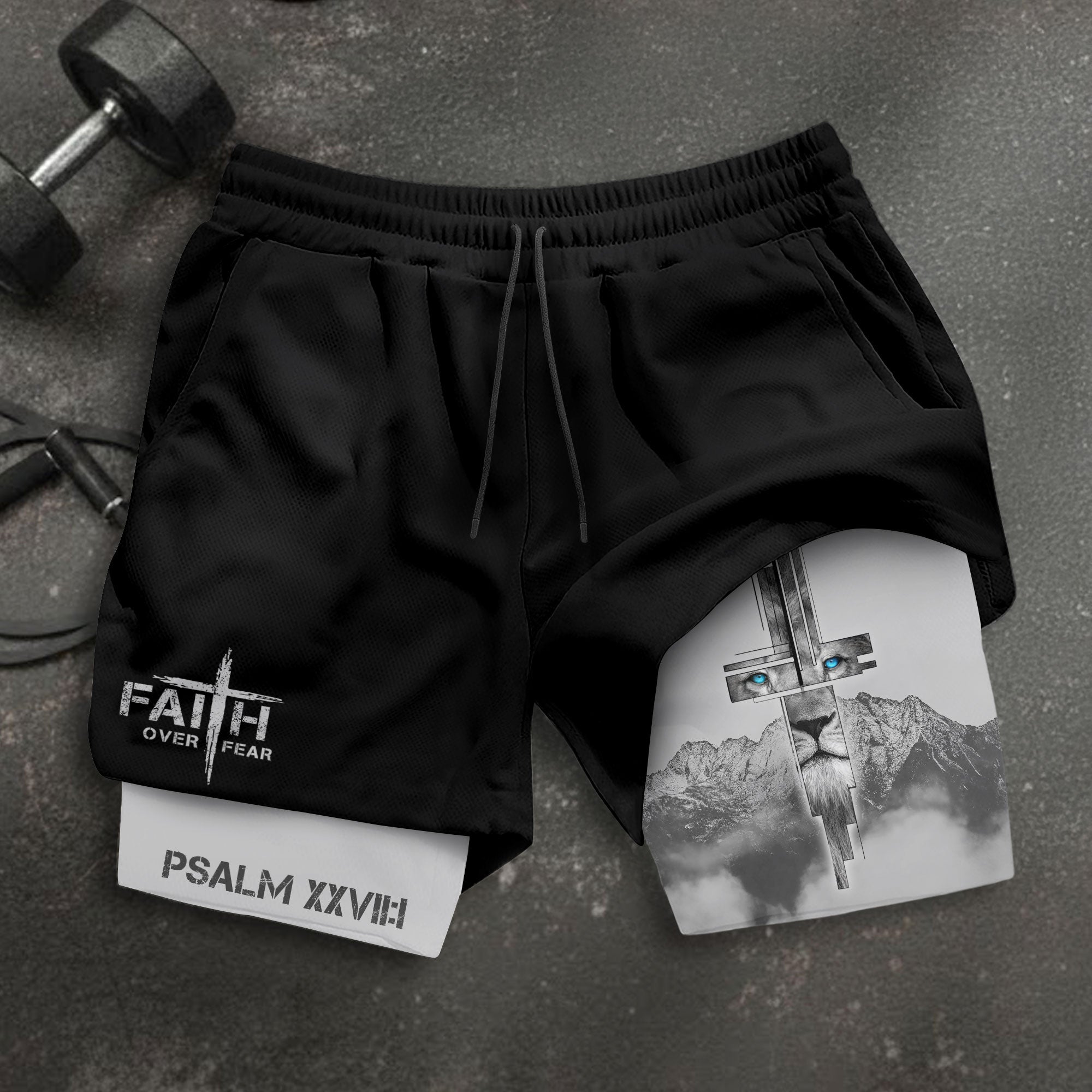 Faith Over Fear Christian Gym Shorts for Men Lion Cross Design