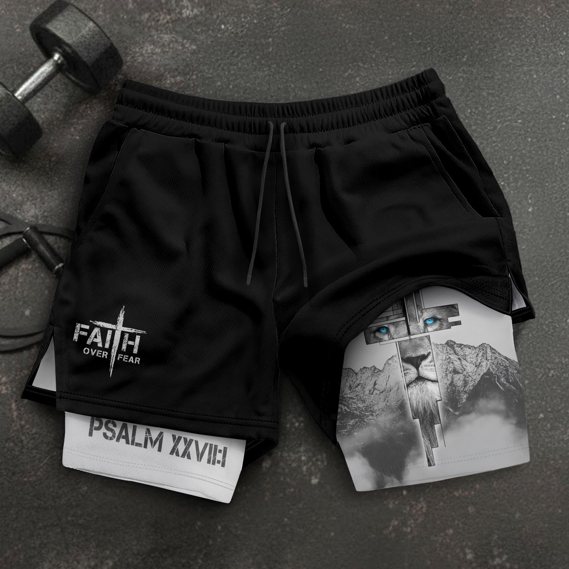 Faith Over Fear Christian Gym Shorts for Men Lion Cross Design - Rust Field Wear