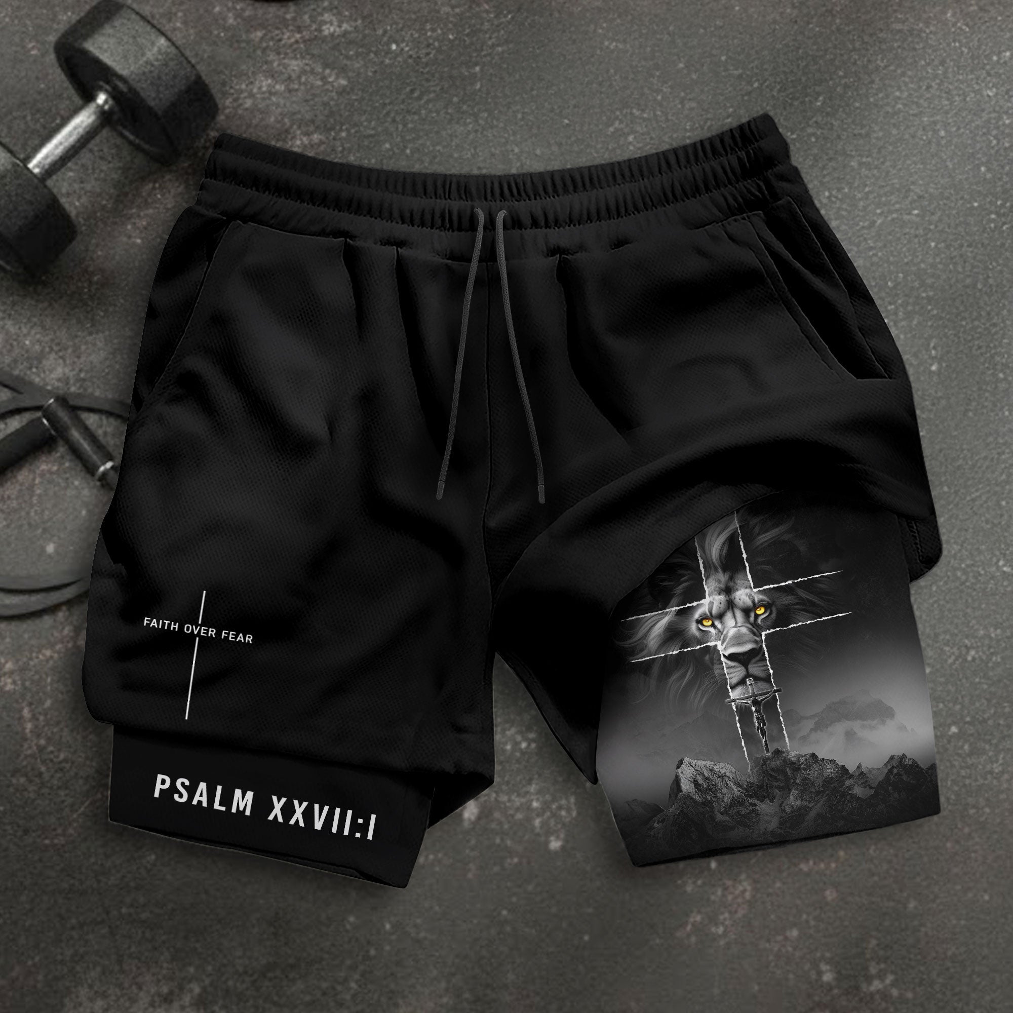Faith Over Fear Christian Gym Shorts for Men Lion Cross Psalms 27:1