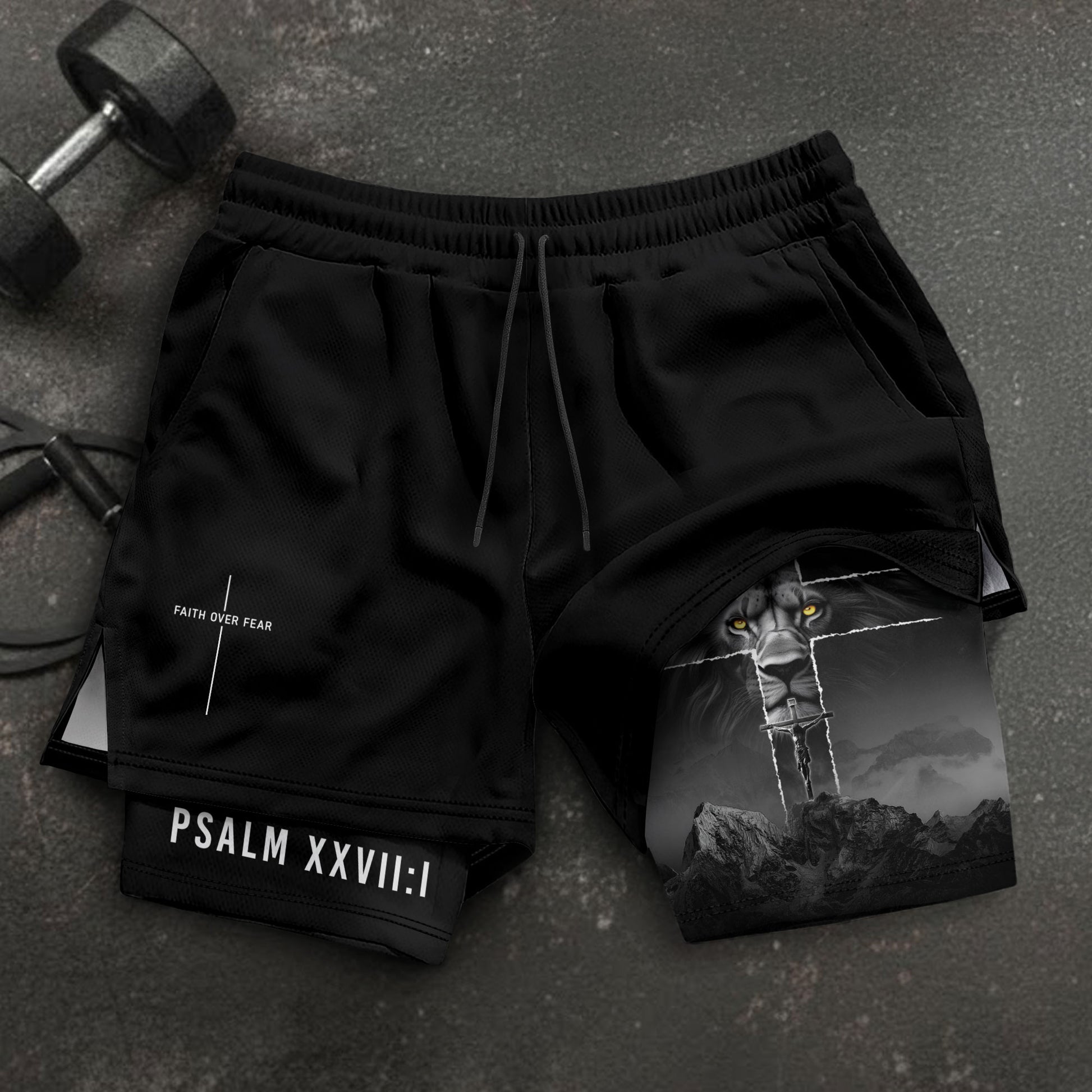 Faith Over Fear Christian Gym Shorts for Men Lion Cross Psalms 27:1 - Rust Field Wear