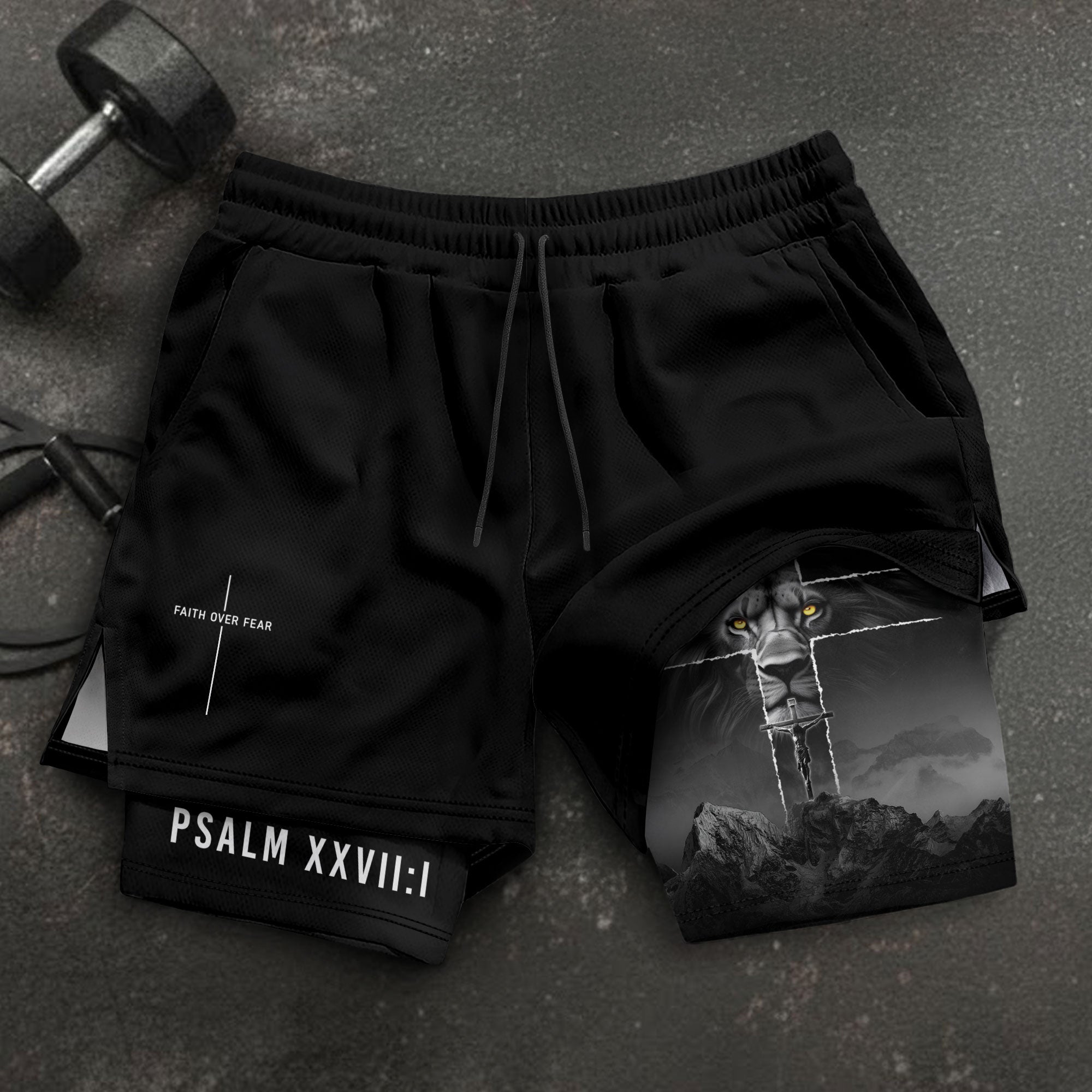 Faith Over Fear Christian Gym Shorts for Men Lion Cross Psalms 27:1 - Rust Field Wear