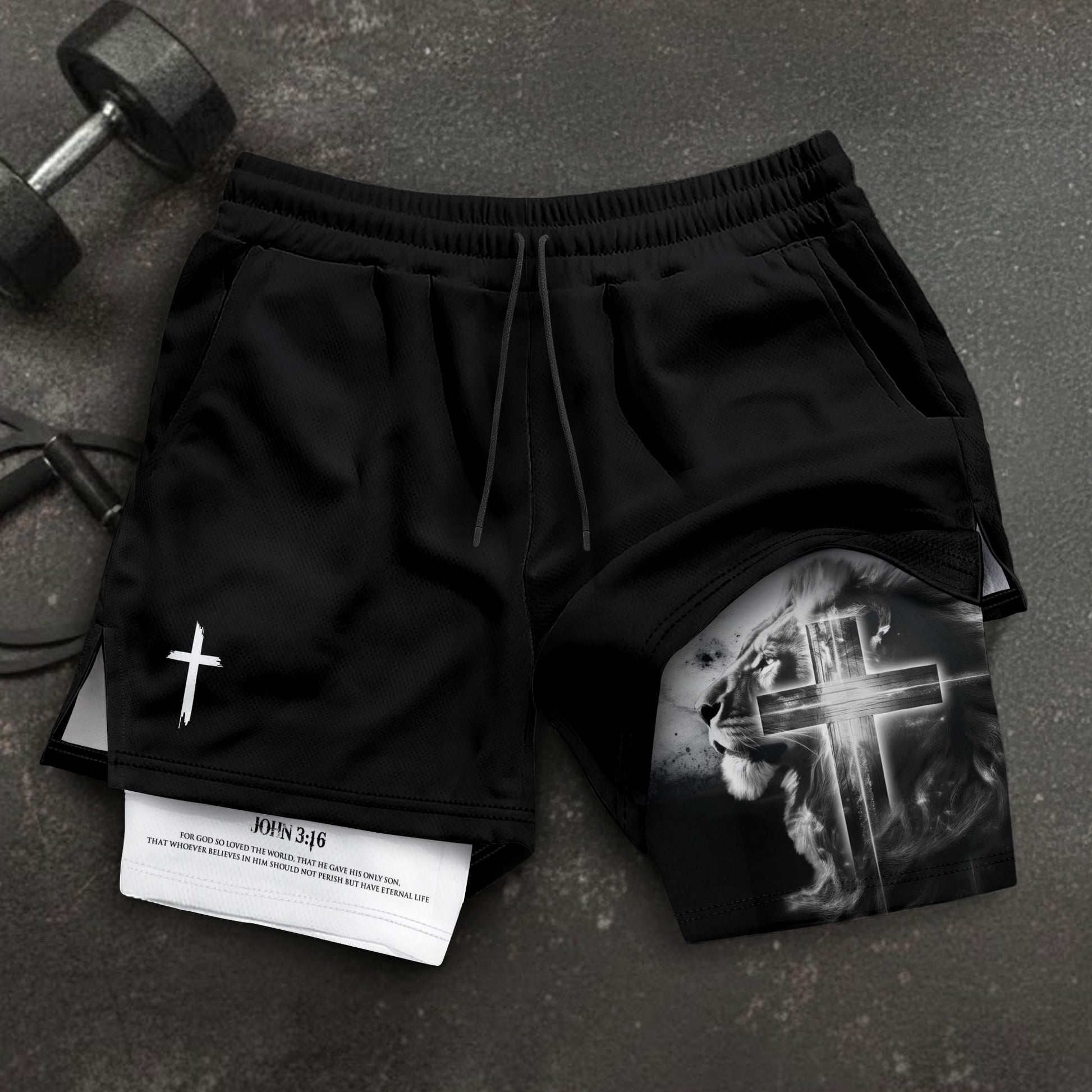 John 3:16 Christian Gym Shorts for Men Lion Cross Faith Design - Rust Field Wear